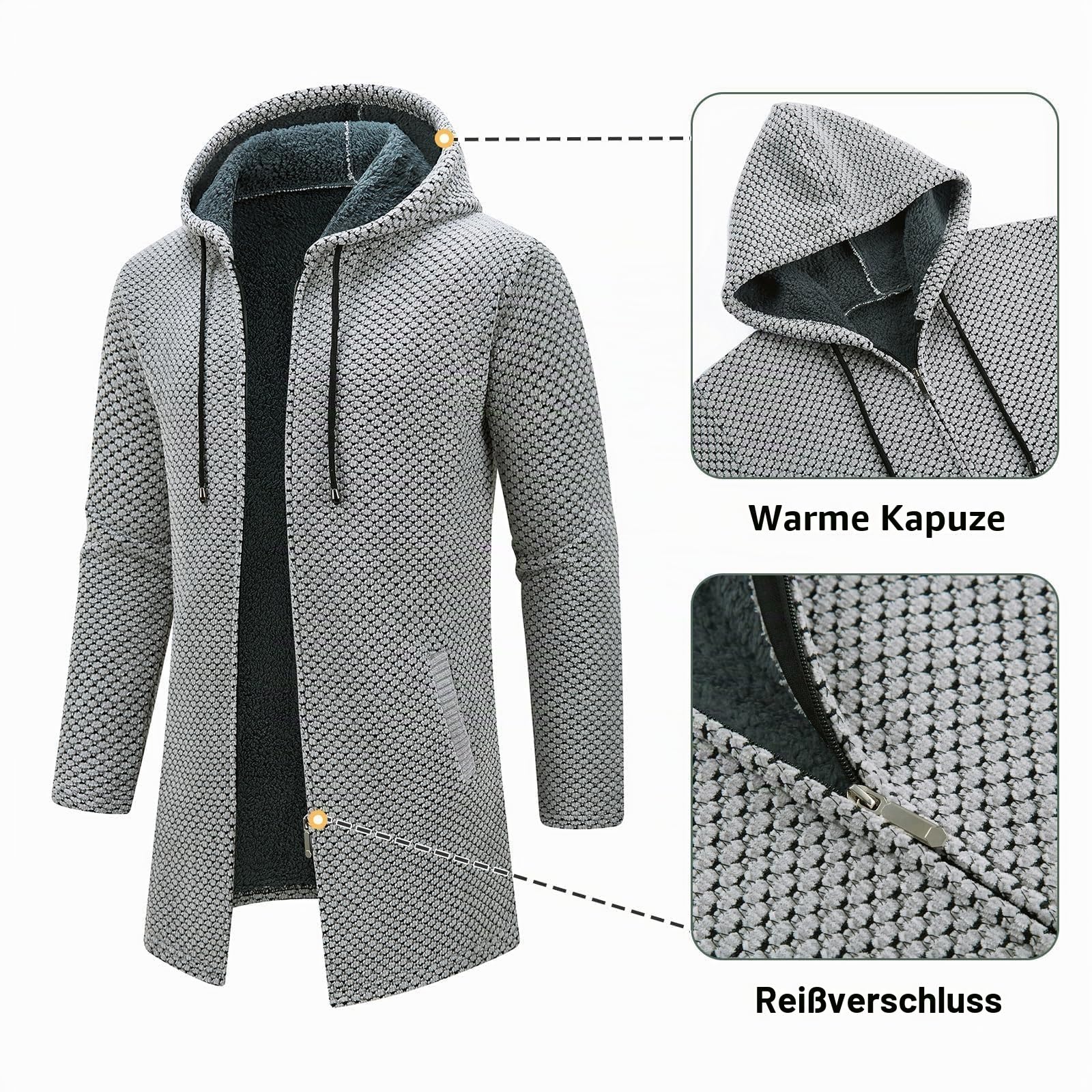 KUDORO Strickjacke Herren Cardigan Lang Trachtenjacke Kapuze mit Kapuze
