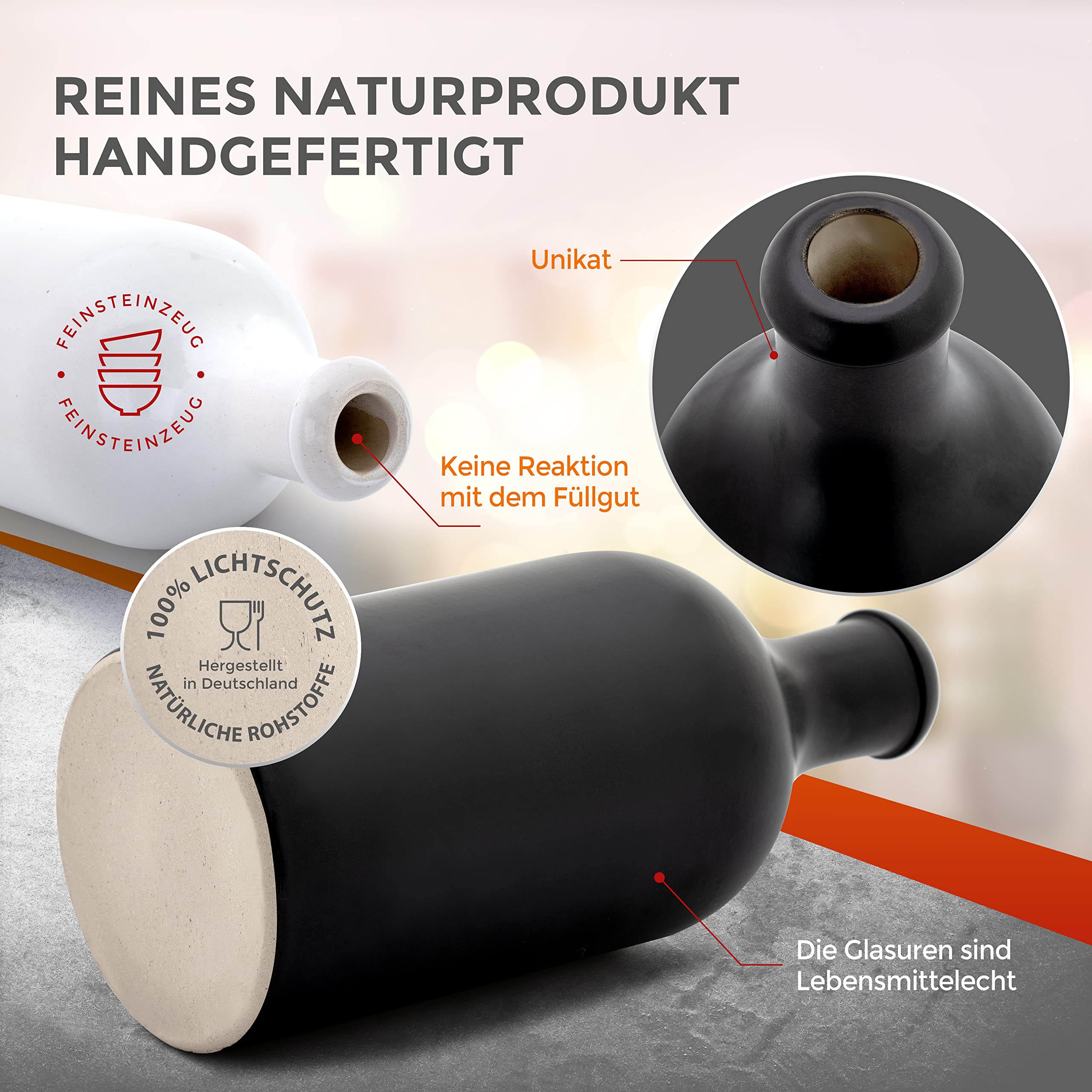 Gourmet Essig & Öl Flaschen mit Ausgießer, Made in Germany, Steinzeug, 2x 750ml, schwarz/weiß