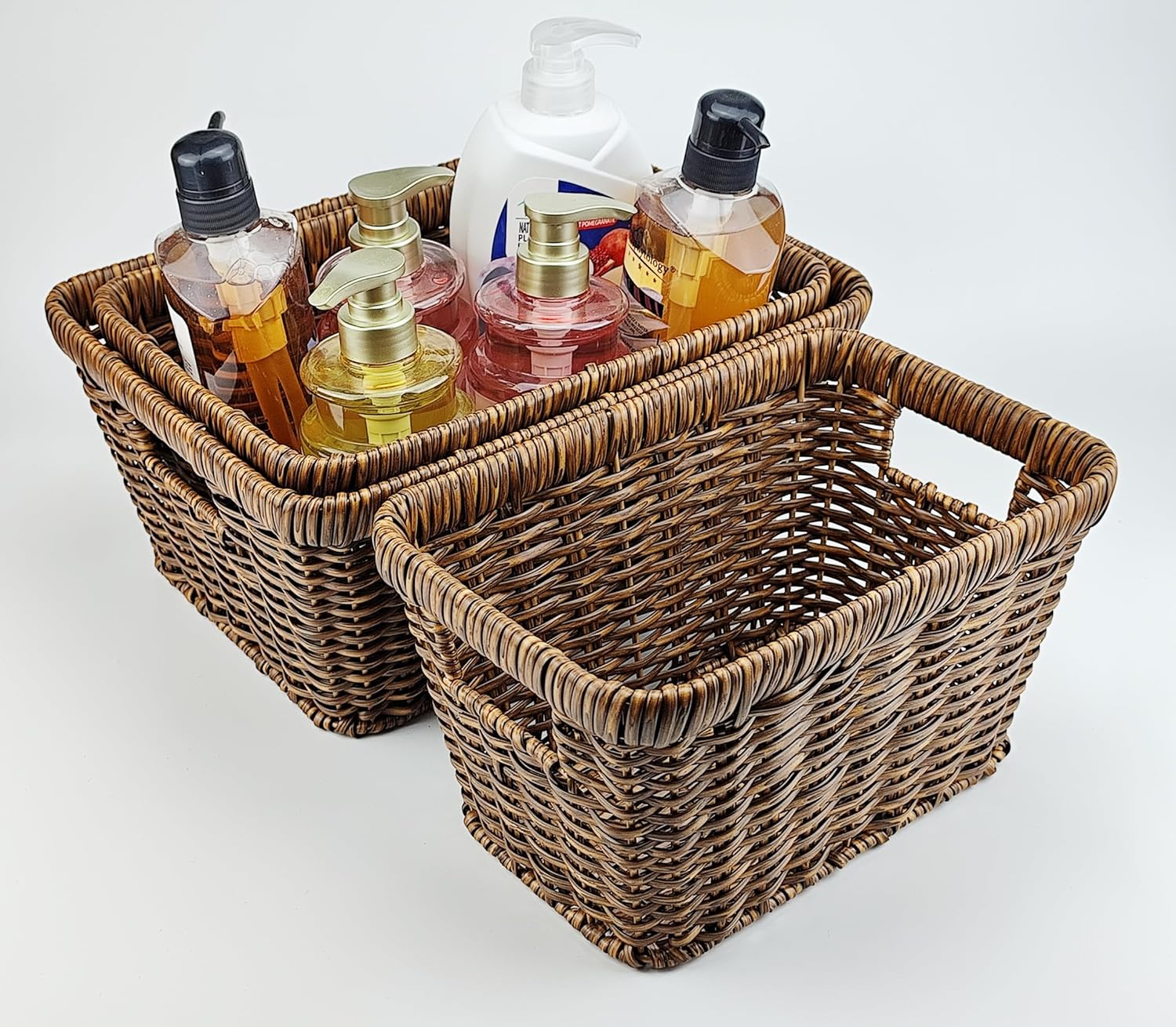 Wicker Storage Baskets for Shelves, Wicker Baskets for Organizing, Waterproof Woven Basket for Pantry, Rectangle Basket for Shlef, Brown, (Set Of 3)