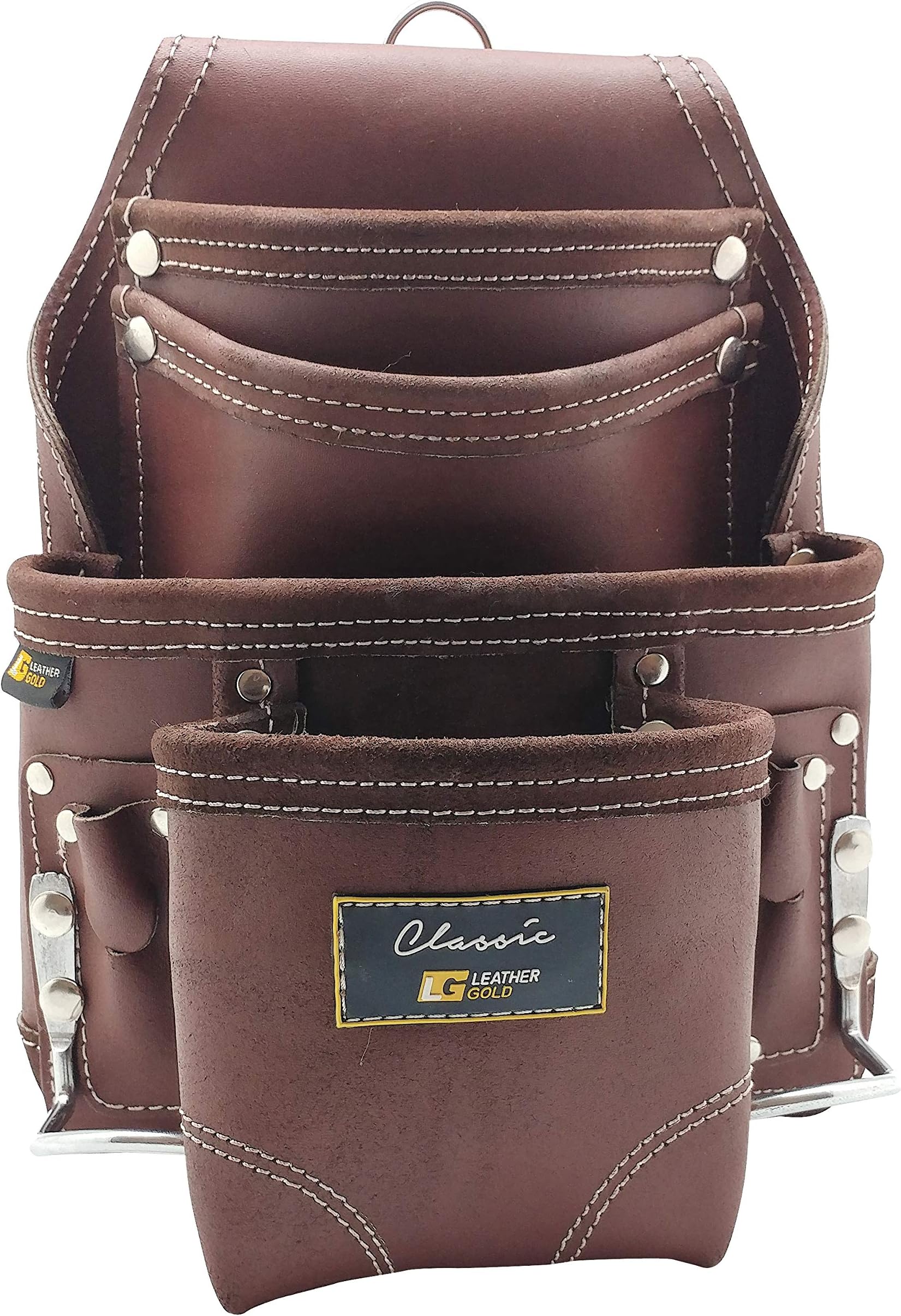 Heavy Duty Tool Pouch | Carpenters Tool Pouch 3350, Brown, Oil-Tanned, 10 Pockets, 2 Hammer Holders, Reinforced Seams