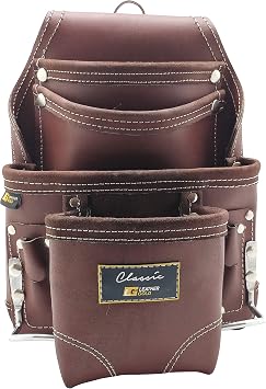 Leather Tool Pouch | Carpenters Tool Pouch 3350, Brown, Oil-Tanned, 10 Pockets, 2 Hammer Holders, Reinforced Seams