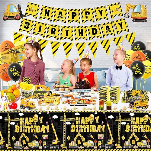 Miniatura 8 de Suministros de fiesta de cumpleaños de construcción, decoraciones de fiesta de camiones para cumpleaños de niños, incluye platos, mantel, pancarta