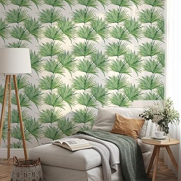 Green Leaves Peel and Stick Wallpaper Vintage Botanical Palm Leaf Self Adhesive Wallpaper Removable Waterproof Contact Paper Renter Friendly for Bedroom Kitchen Wall Decor 17.7in x 9.8ft