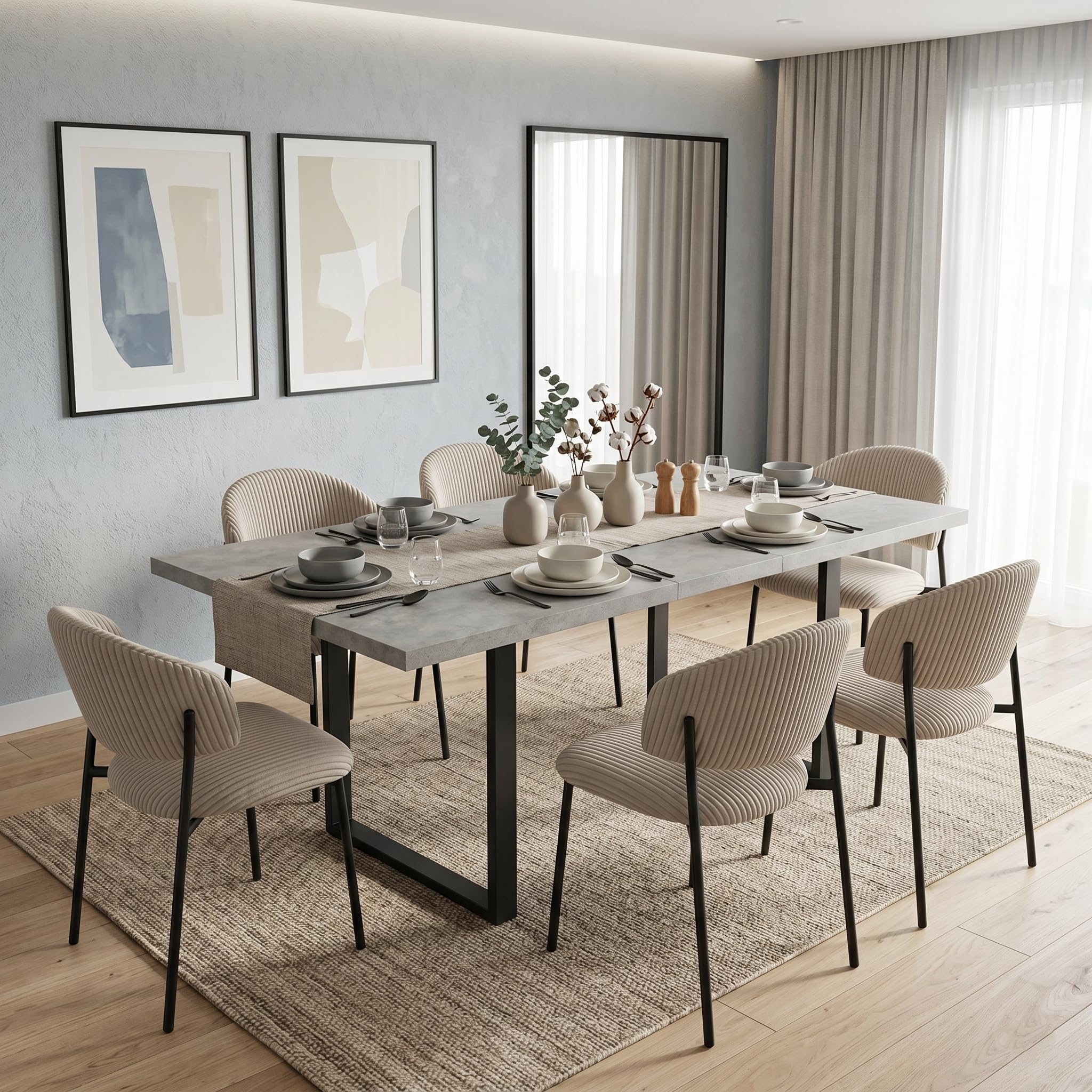 Table salle à manger extensible 130x170 cm MDF ciment 6 chaises textiles moderne