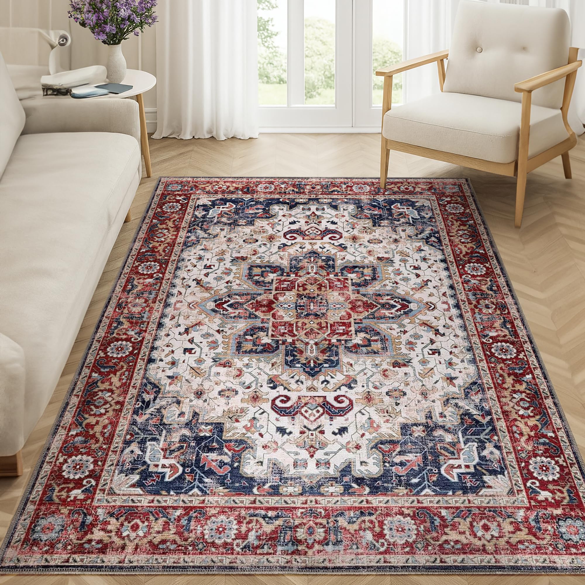 Tapis de salon lavable en machine - 80 x 150 cm - 4 mm d'épaisseur - Tapis chenille vintage avec envers en coton antidérapant - Tapis doux et lavable à poils courts pour chambre à coucher
