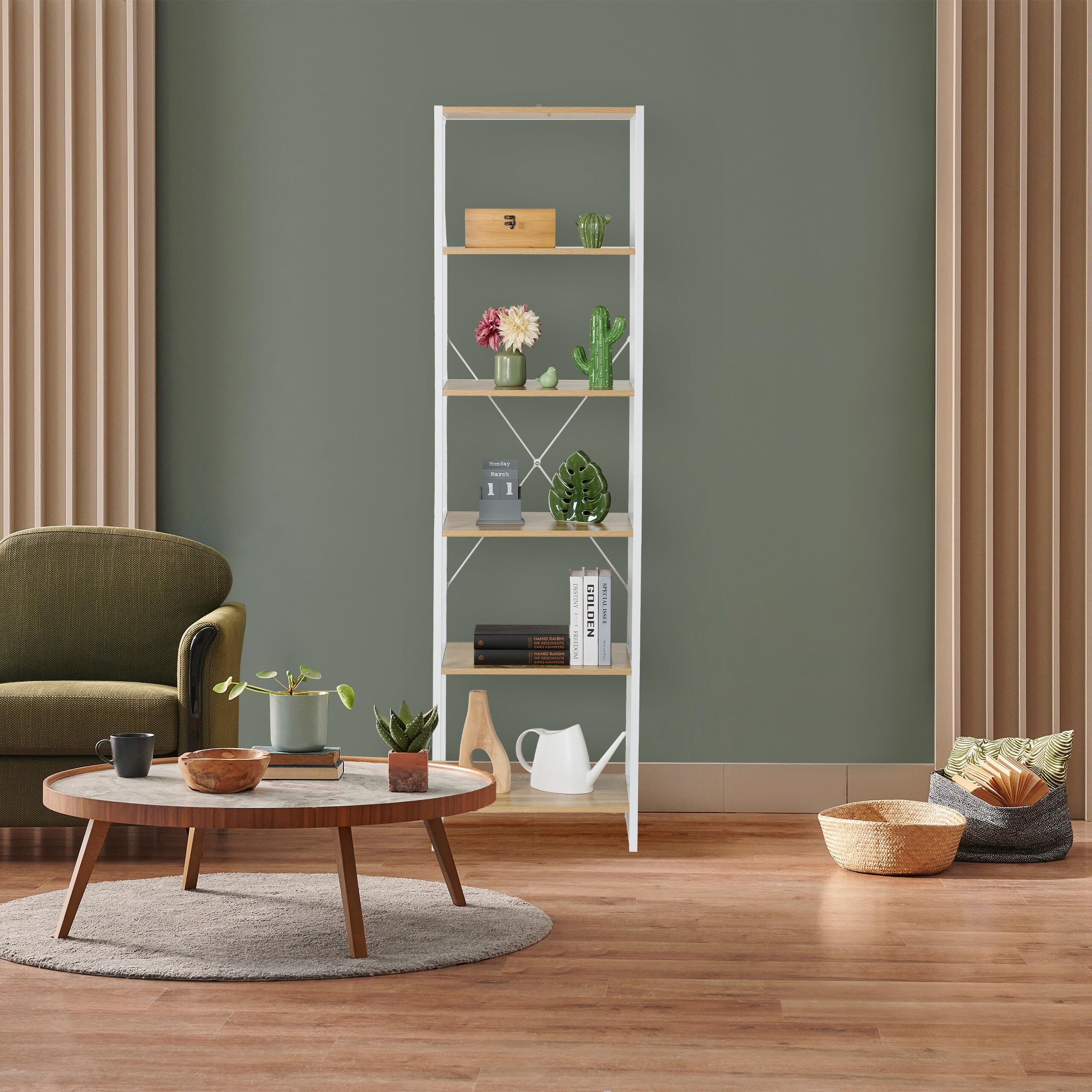 Relaxdays Estantería, 180 x 50 x 35 cm, 6 Baldas Abiertas, Librería Auxiliar para Salón, Cocina, Pasillo, Blanco/Natural