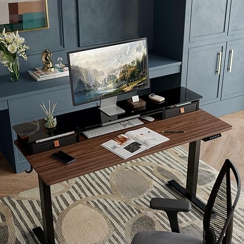 Miniatura 2 de FEZIBO Escritorio eléctrico de pie con cajones dobles, soporte de monitor superior de vidrio de 48 x 26 pulgadas, escritorio ajustable con estante