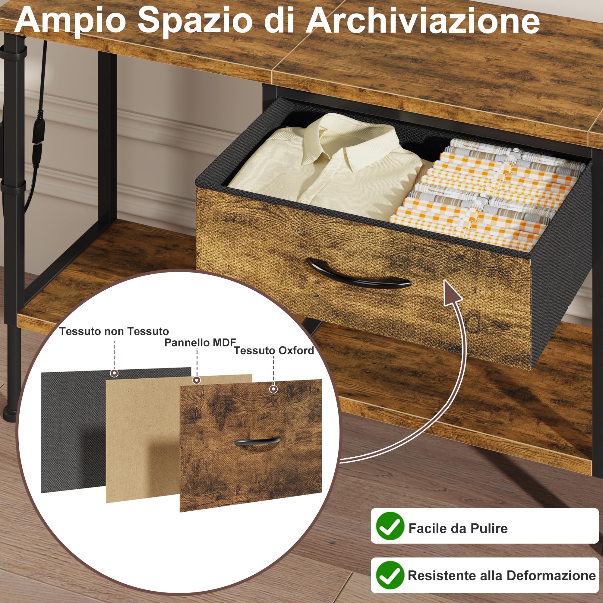 Mobile TV con Presa, Supporto TV con Illuminazione a LED, Cassetto in Tessuto e Ripiani Aperti, 120 cm Mobile TV per TV fino a 55″ per Soggiorno e Camera da Letto, Marrone Rustico