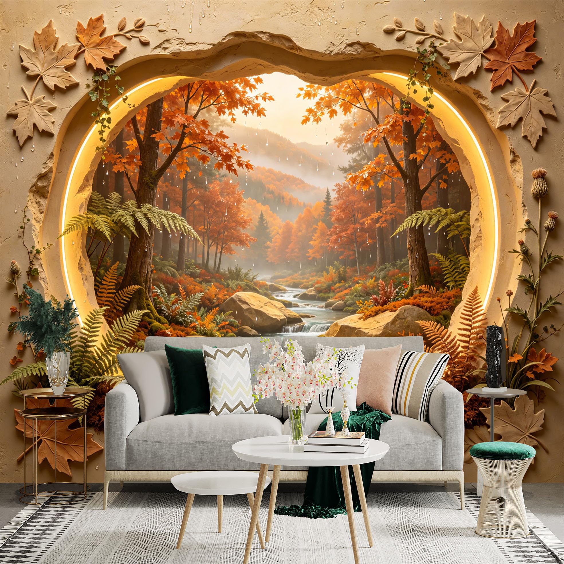 Custom Size Wall Sticker Mural， Autumn Forest with River， Maple Leaves and Mountain Landscape， for wall Decoration， peelandstick wall Decals.