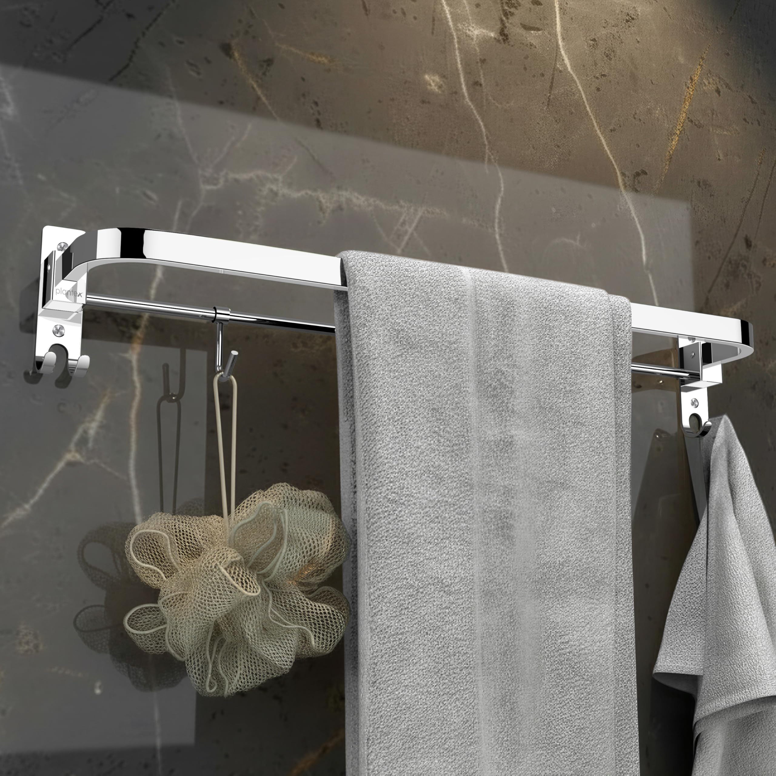 Plantex Stainless Steel Folding Single Towel Rod with Hooks/Towel Holder for Bathroom/Towel Hanger/Towel Stand/Bathroom Accessories - (24 Inch-Chrome)