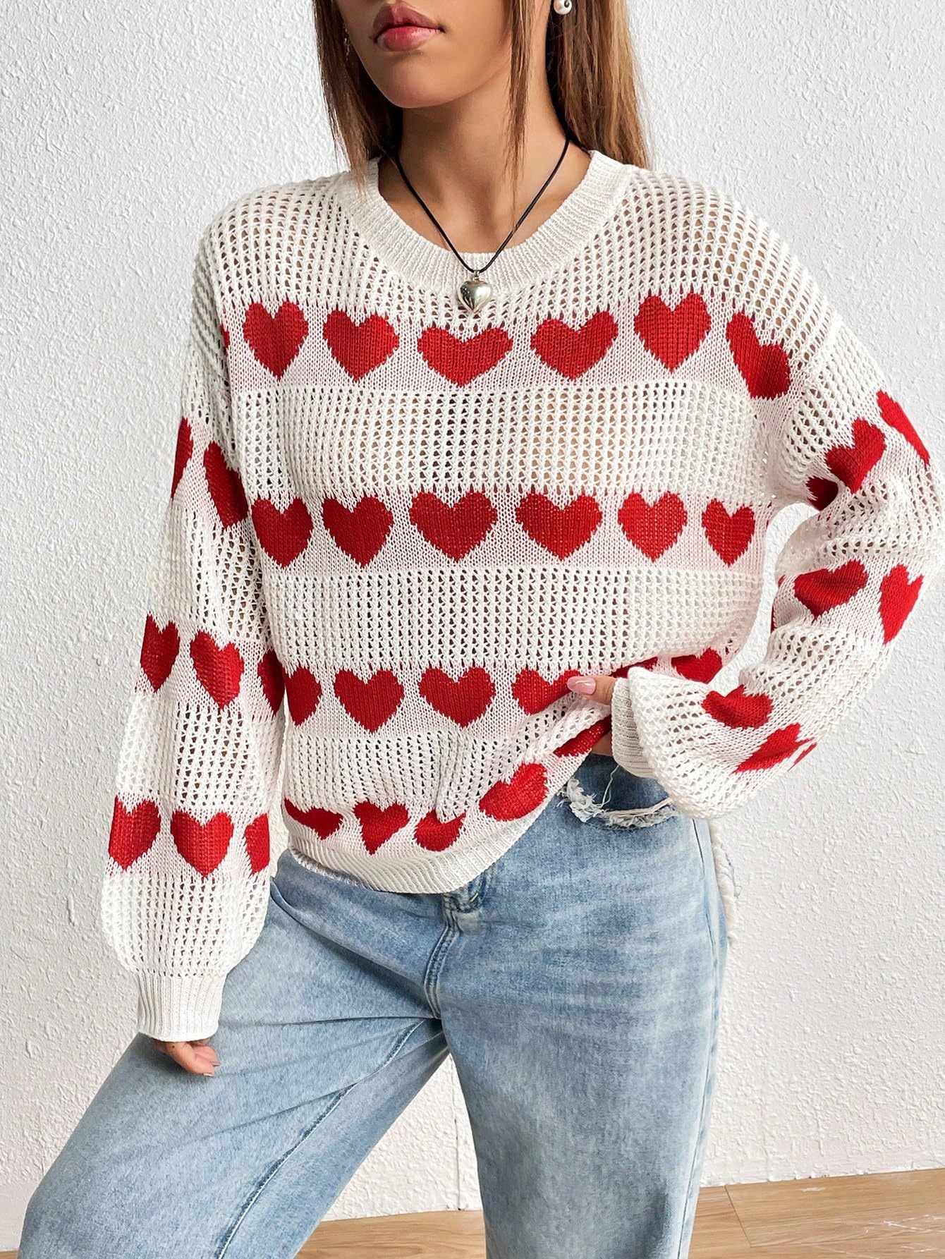 Amazon.com: Neeno Heart Pattern Drop Shoulder Pointelle Knit