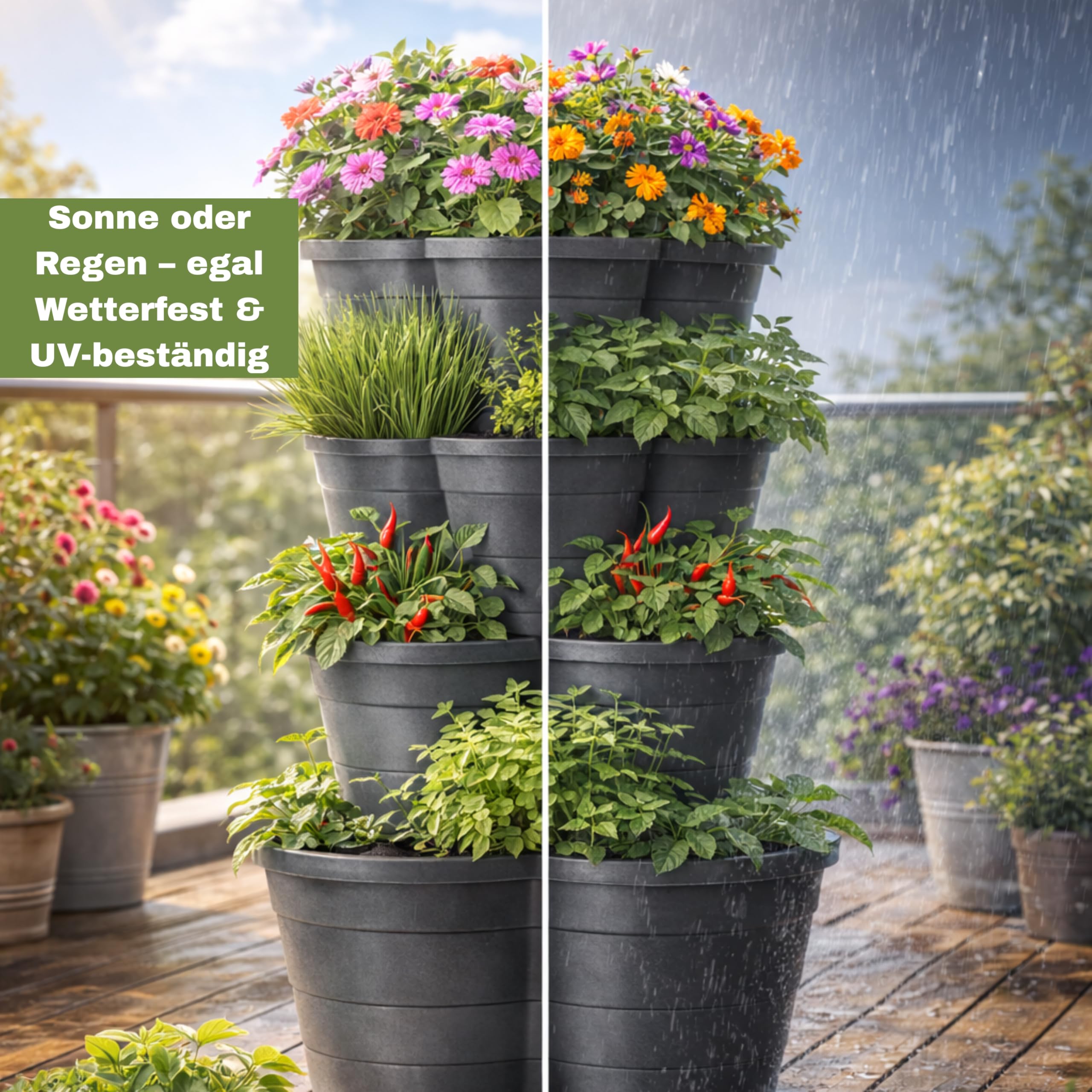 Pflanzturm 4er Set stapelbar – Vertikales Hochbeet System für Balkon & Terrasse – Bestens geeignet als Erdbeerturm, Kartoffelturm & Kräuterturm – Platzsparend, wetterfest, Hergestellt in der EU