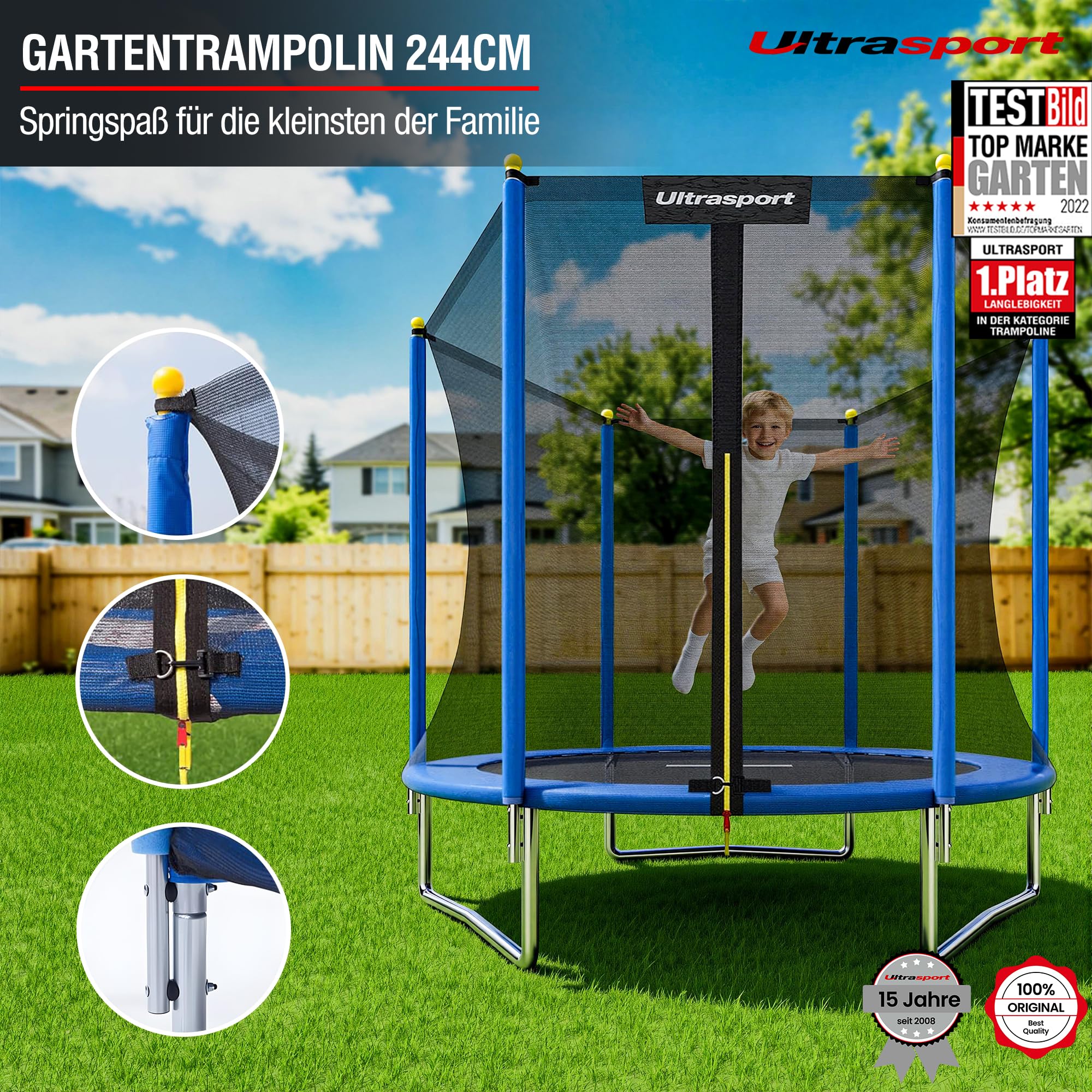 Ultrasport Uni-Jump Trampolin Outdoor Kinder Belastbar bis 150 KG I Komplettset mit Sicherheitsnetz, Randabdeckung & Motagesatz I Bodentrampolin Gartentrampolin, Trampolin 460 cm