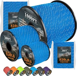 XiaZ Reflective Paracord Rope 850Ib, 50/100/200/1000ft 4MM 11 Strand para Cords Lanyard Utility Parachute Cord for Tent Camping Hiking Survival Tactical Clothesline DIY Projects, Blue 100FT
