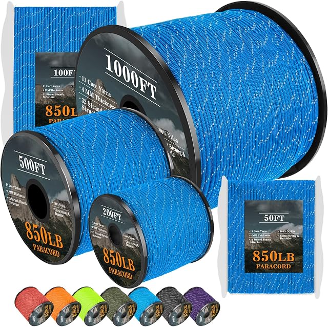 XiaZ Reflective Paracord Rope 850Ib, 50/100/200/1000ft 4MM 11 Strand para Cords Lanyard Utility Parachute Cord for Tent Camping Hiking Survival Tactical Clothesline DIY Projects, Blue 100FT