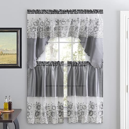 Vista 8 de American Linen Juego de 3 piezas de cortinas bordadas con lentejuelas para ventana – Cenefas y niveles – Cortinas para cocina, sala de estar o baño