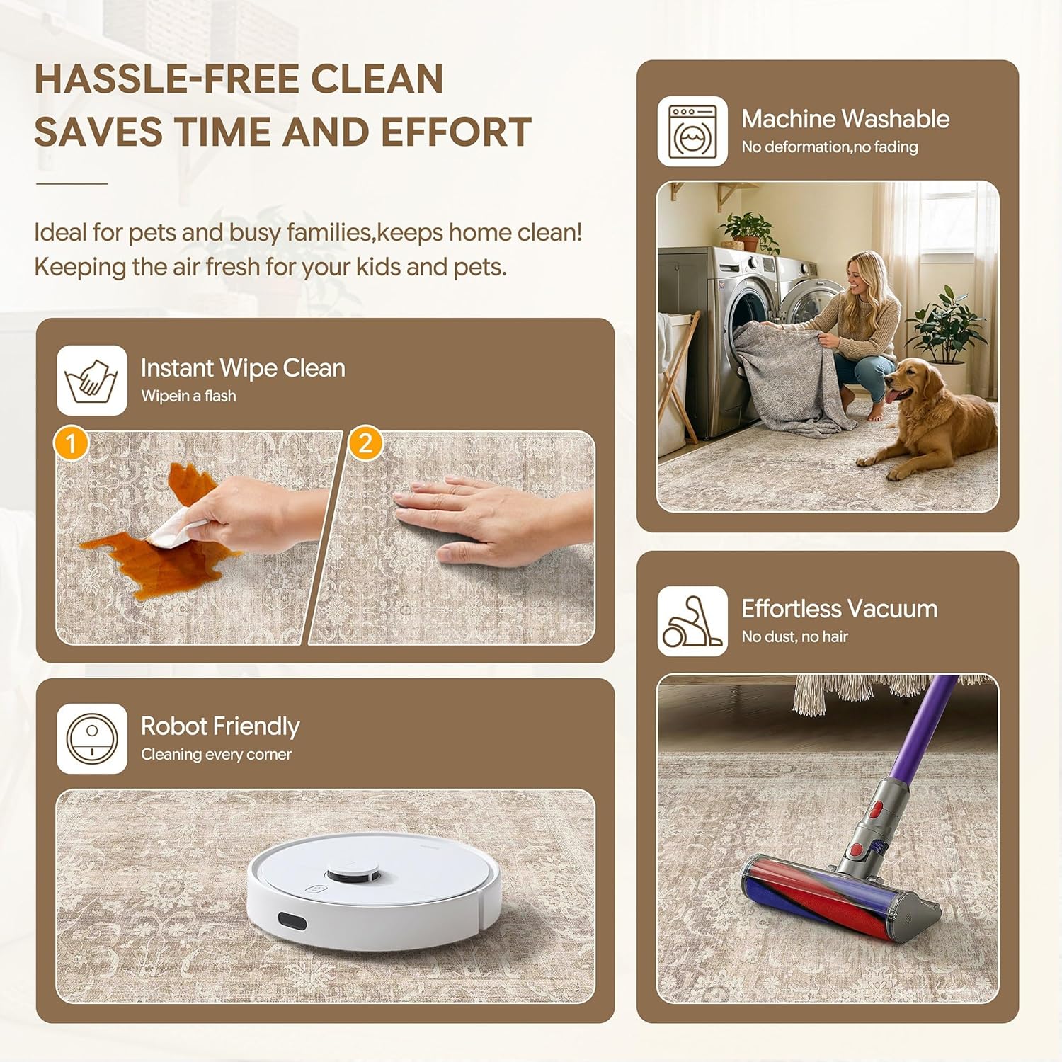 HUGEAR 2x3 Entryway Area Rugs Machine Washable Retro Beige Distressed Vintage Neutral Stain Resistant Non Slip Low Pile Small Throw Carpet for Home Aesthetic Decor - Image 5