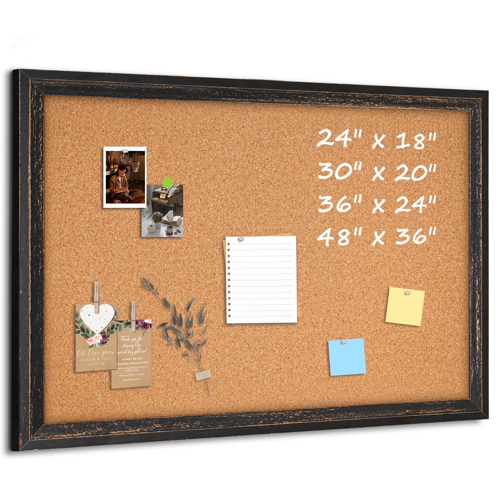 Cork Bulletin Board, 36" x 24" Corkboard for Wall, Rustic Black Wooden Frame, Hanging Pin Board for Home & Office Decor, 10 Push Pins