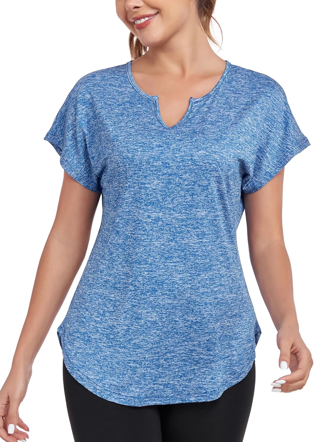 Women’s Short Sleeve Workout Shirts V Neck Exercise Yoga Basic Top Quick Dry Side Split