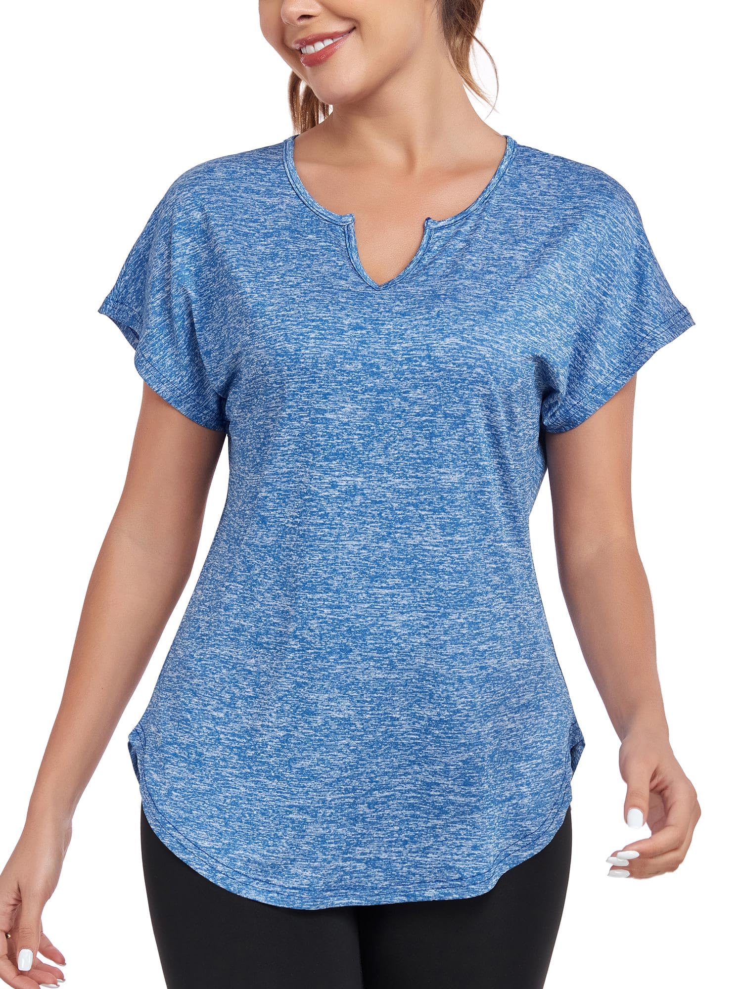 Womens Short Sleeve Workout Shirts V Neck Exercise Yoga Basic Top Quick Dry Side Split