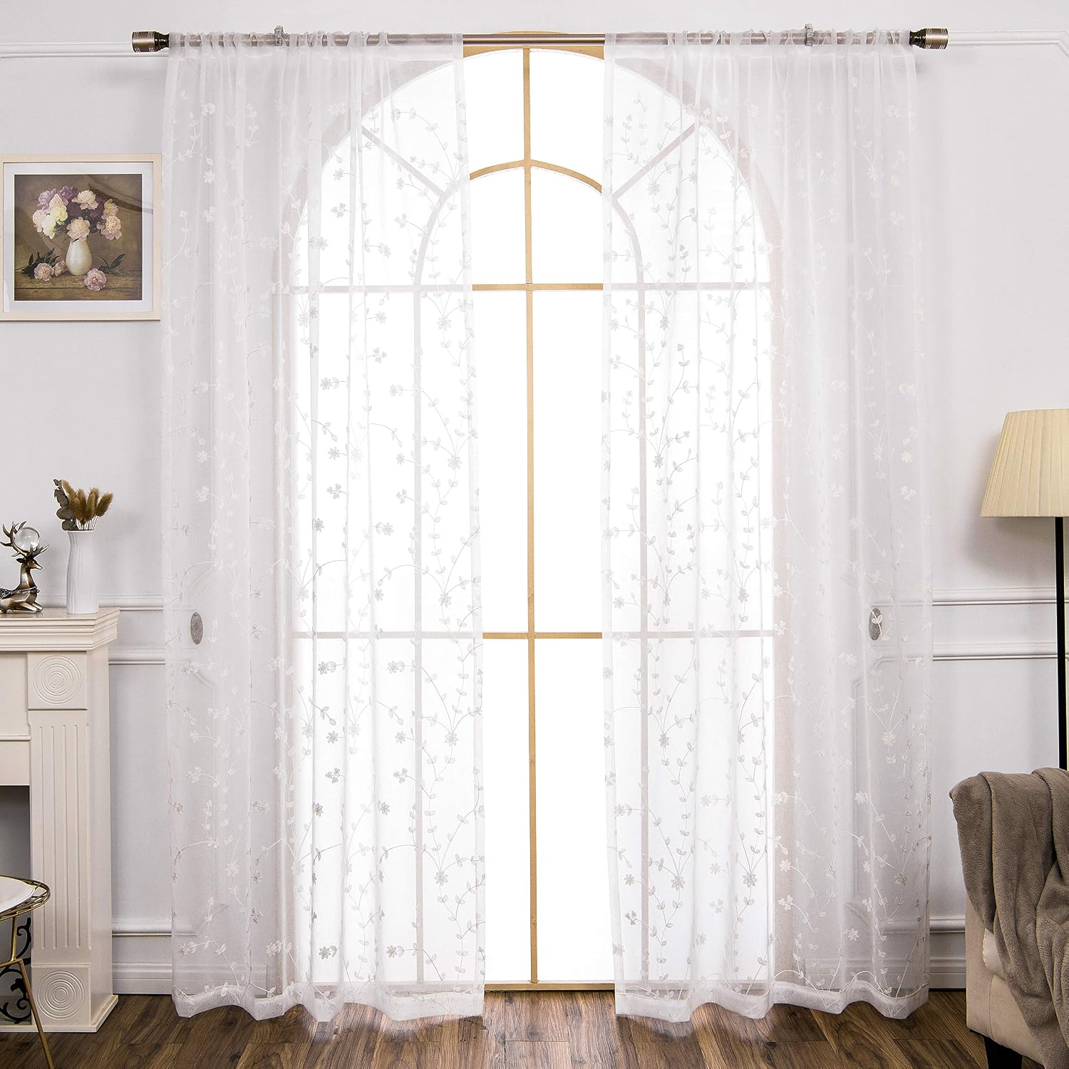AmHoo 2 Panels Leaf Flora Embroidered Farmhouse Semi Sheer Curtain Voile Curtains for Living Room Bedroom Window Treatment White 53 x 84 Inch - Image 3