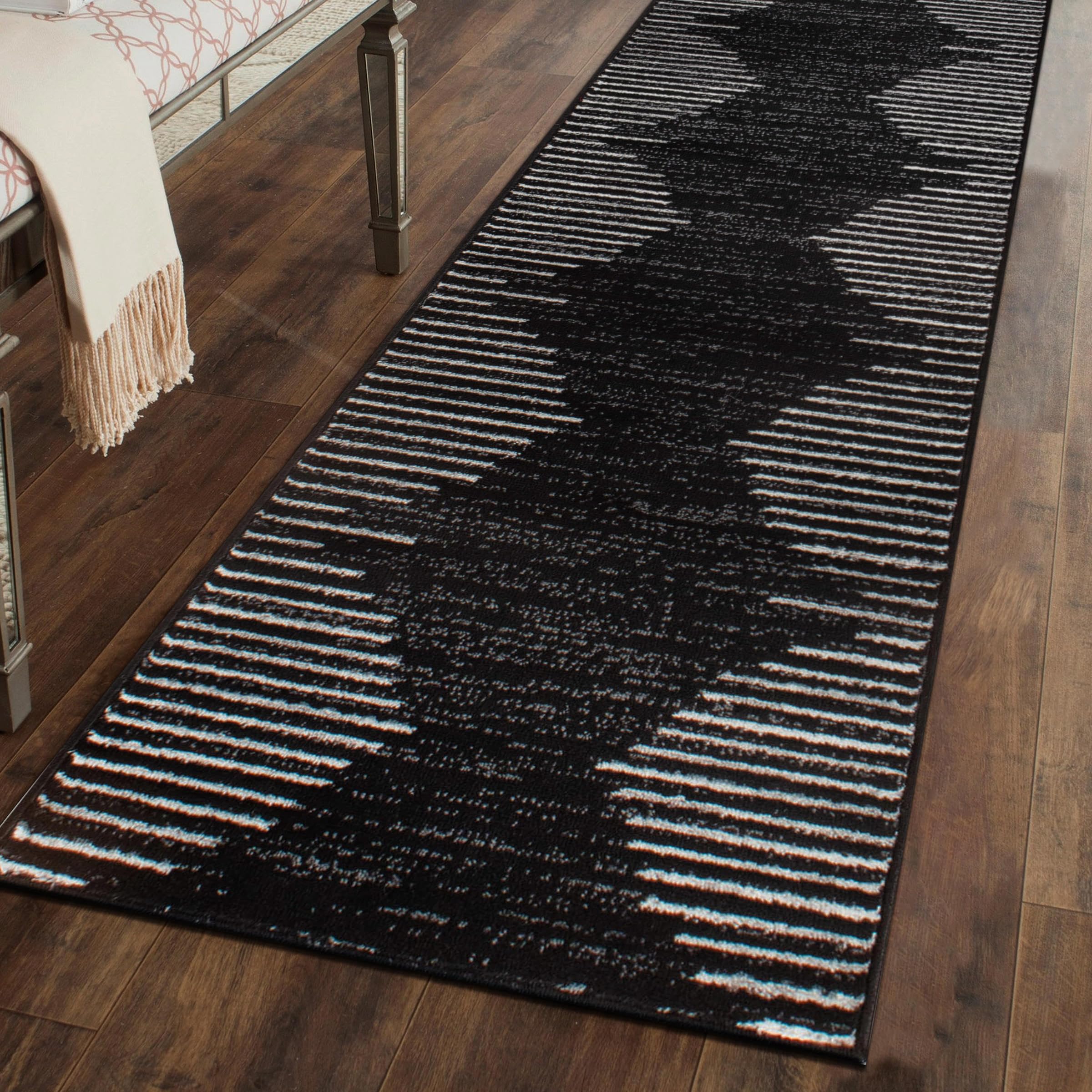 rugshop bohemian stripe stain resistant high traffic living room kitchen bedroom dining home office runner rug 2'7" x 6' black
