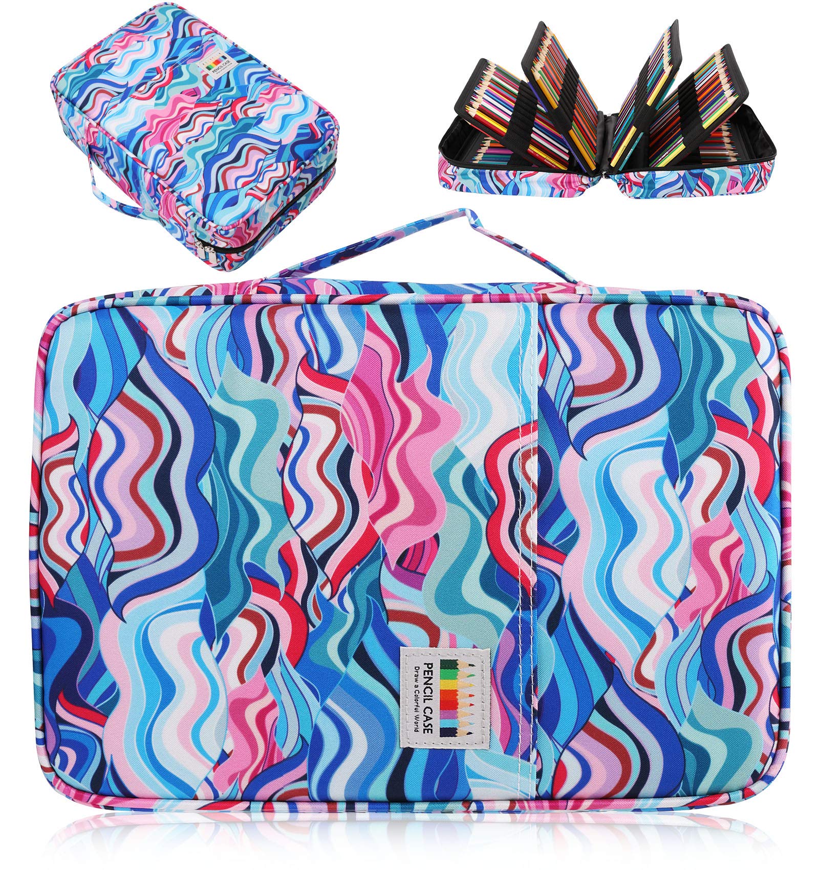 AYVANBER Big Capacity Colored Pencil Case Organizer 304 Slots Pen Holder Waterproof Storage Pouch Gel Marker Pen Bag Box for Cosmetic Brush Pencils & Gel Pen Used for Teens Student Artist (Wavy Blue)