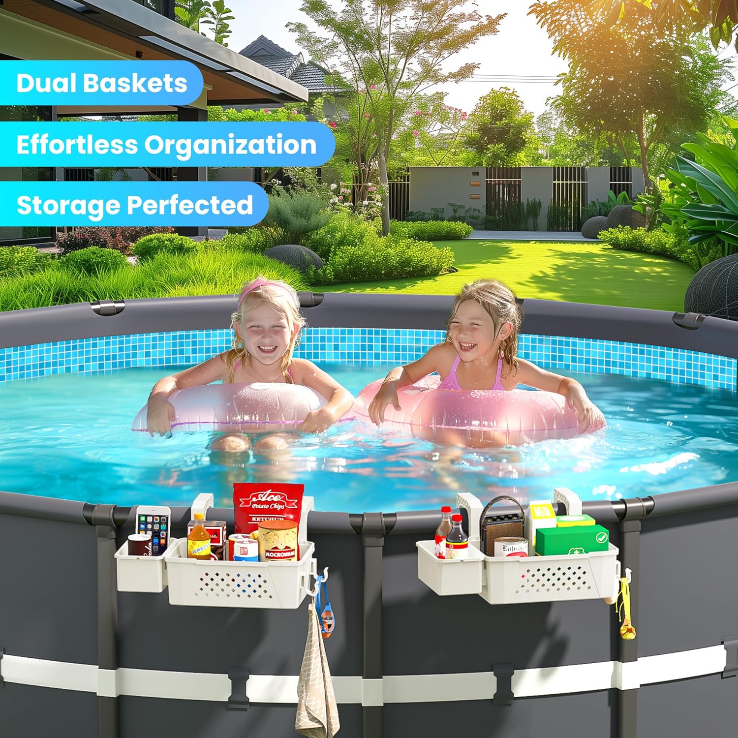 2 Sets of Poolside Storage Baskets with Cup Holders - Perfect for 3-Inch or Smaller Top Rails - Above Ground Pool Accessories - Fit for Most Above Ground Pool（Beige）