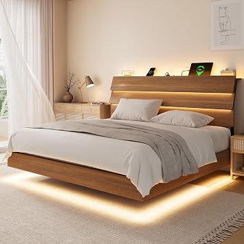 iPormis Floating King Size Metal Bed Frame with LED Lights & Charging Station, Platform Bed with Wooden Storage Headboard, Sturdy Steel Slats, No Box Spring Needed, Easy Assembly, Noise-Free, Walnut