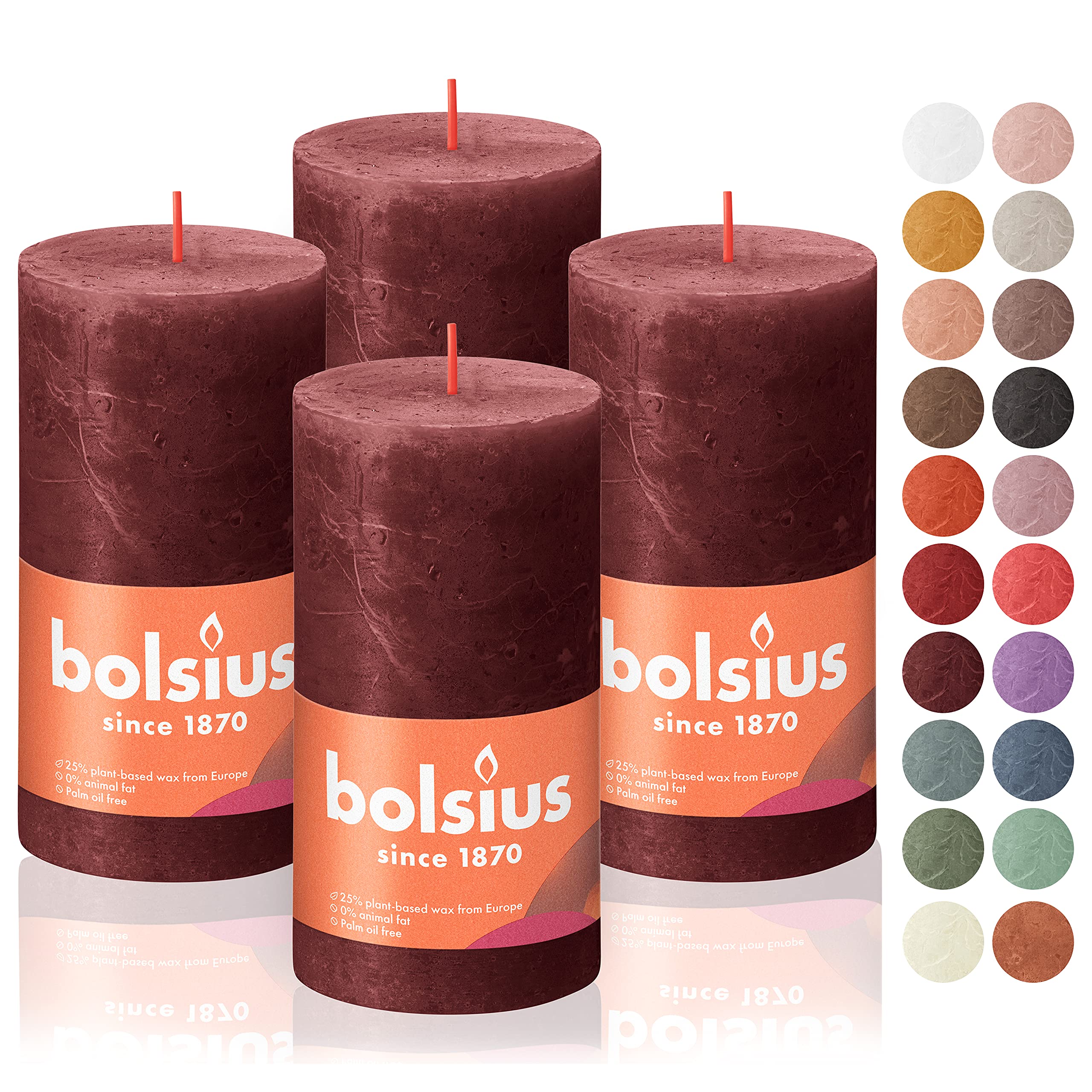 BOLSIUS 4 Pack Velvet Red Rustic Pillar Candles - 2.75 X 5 Inches - Premium European Quality - Includes Natural Plant-Based Wax - Unscented Dripless Smokeless 60 Hour Party and Wedding Candles
