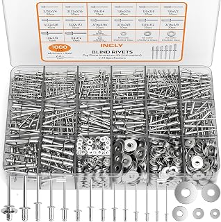INCLY 1000-Pc Aluminum Pop Rivets Kit with 304 SS Washers - 14 Sizes Blind Rivets for Metal, Organized Storage Case