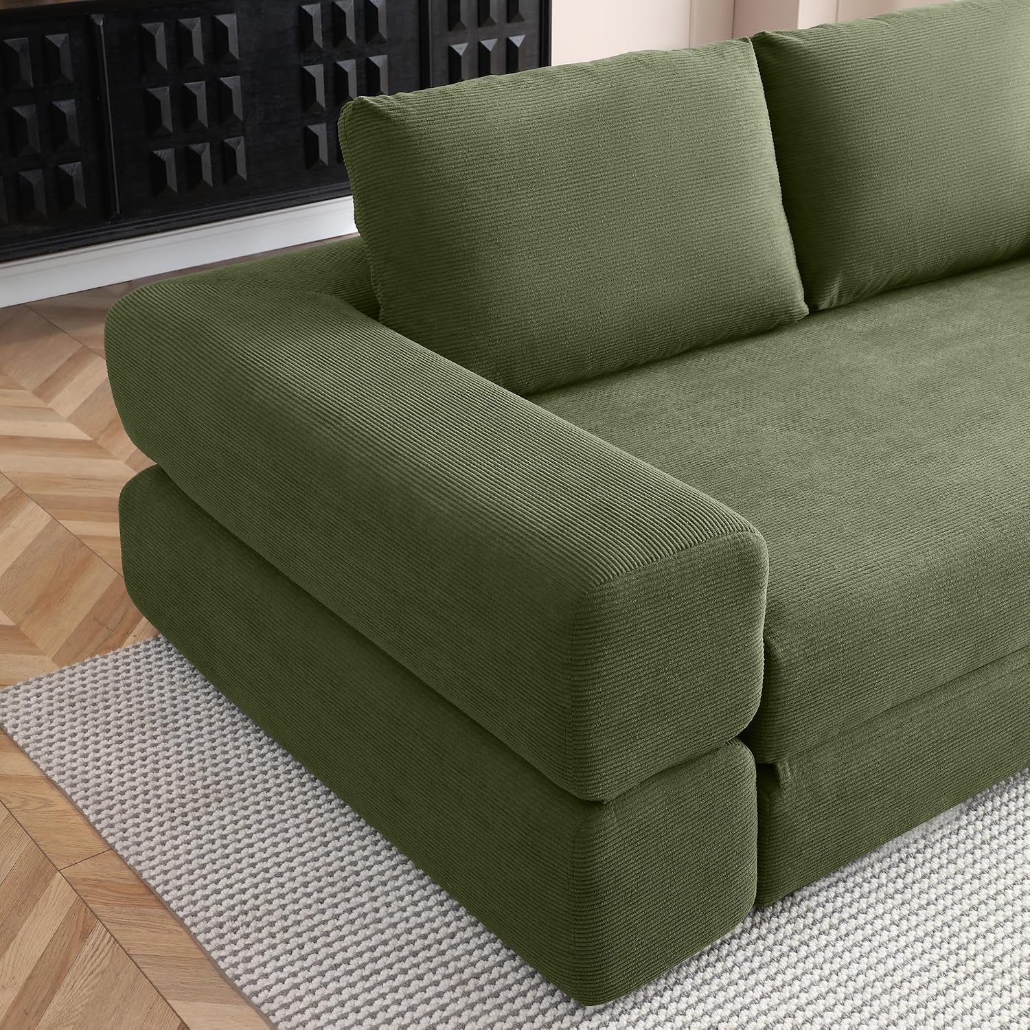 81'' Corduroy Convertible Futon Sofa Bed, 3 in 1 Folding Floor Boneless Sleeper Couch with Pillows, Comfy Foldable Lounge Fold Out Floor Mattress for Apartment/Living Room (Green) | Queen Size, Loveseat, In a Box