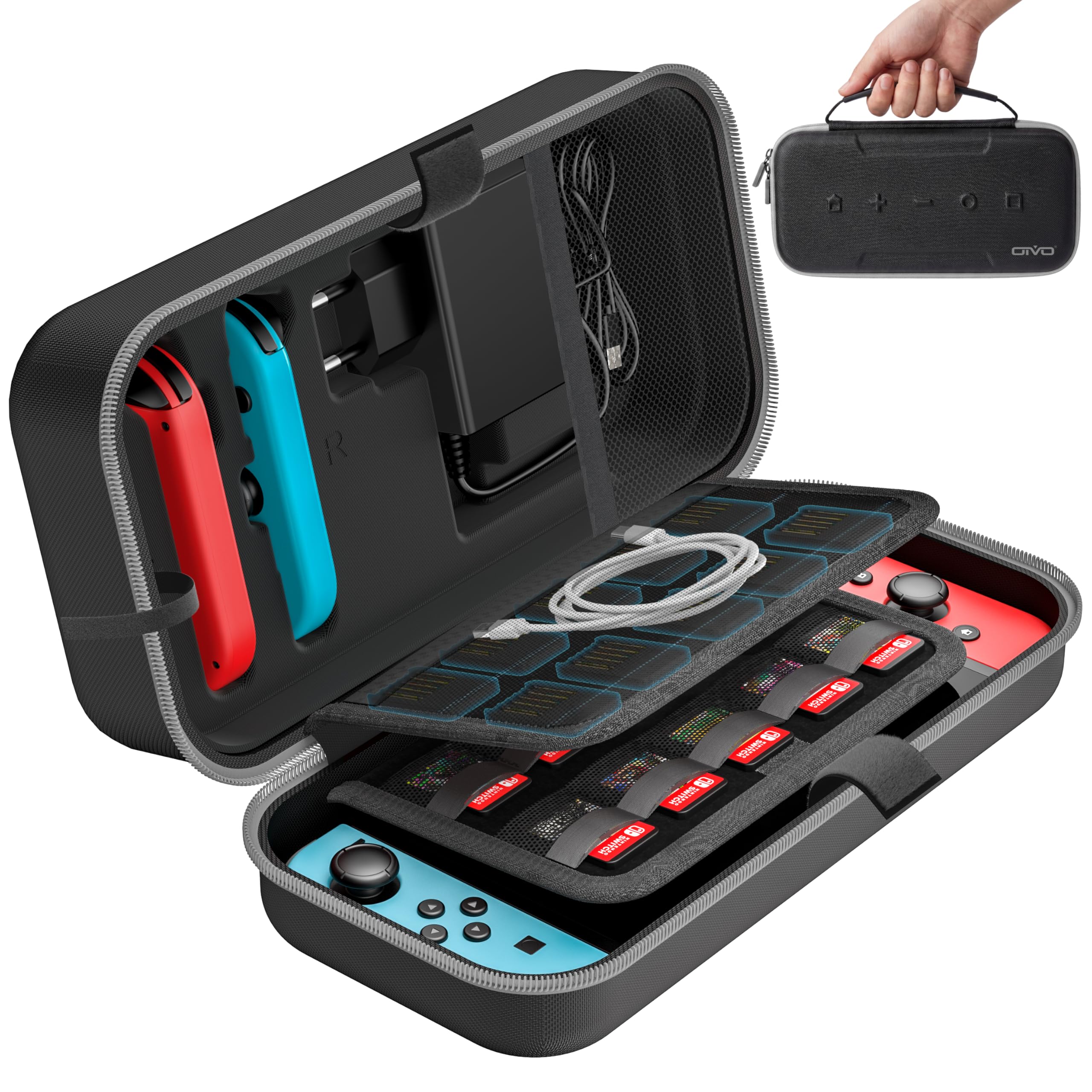 Switch Tasche kompatibel mit Nintendo Switch/OLED-Modell, Große Switch Tragetasche für Joycon und EU Netzteil, Harte Switch OLED Hülle mit Aufbewahrung für 20 Switch Spiele & Switch Zubehör