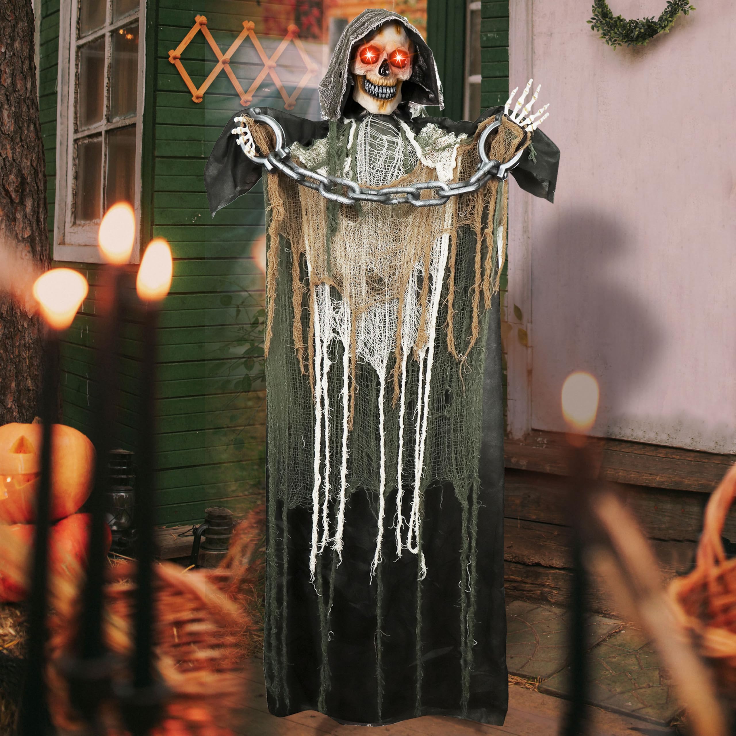 Décoration animée de la Faucheuse d'halloween, 175 cm, avec chaîne, Squelette Grandeur Nature avec Yeux Lumineux, Son Effrayant (activé par Le Son).