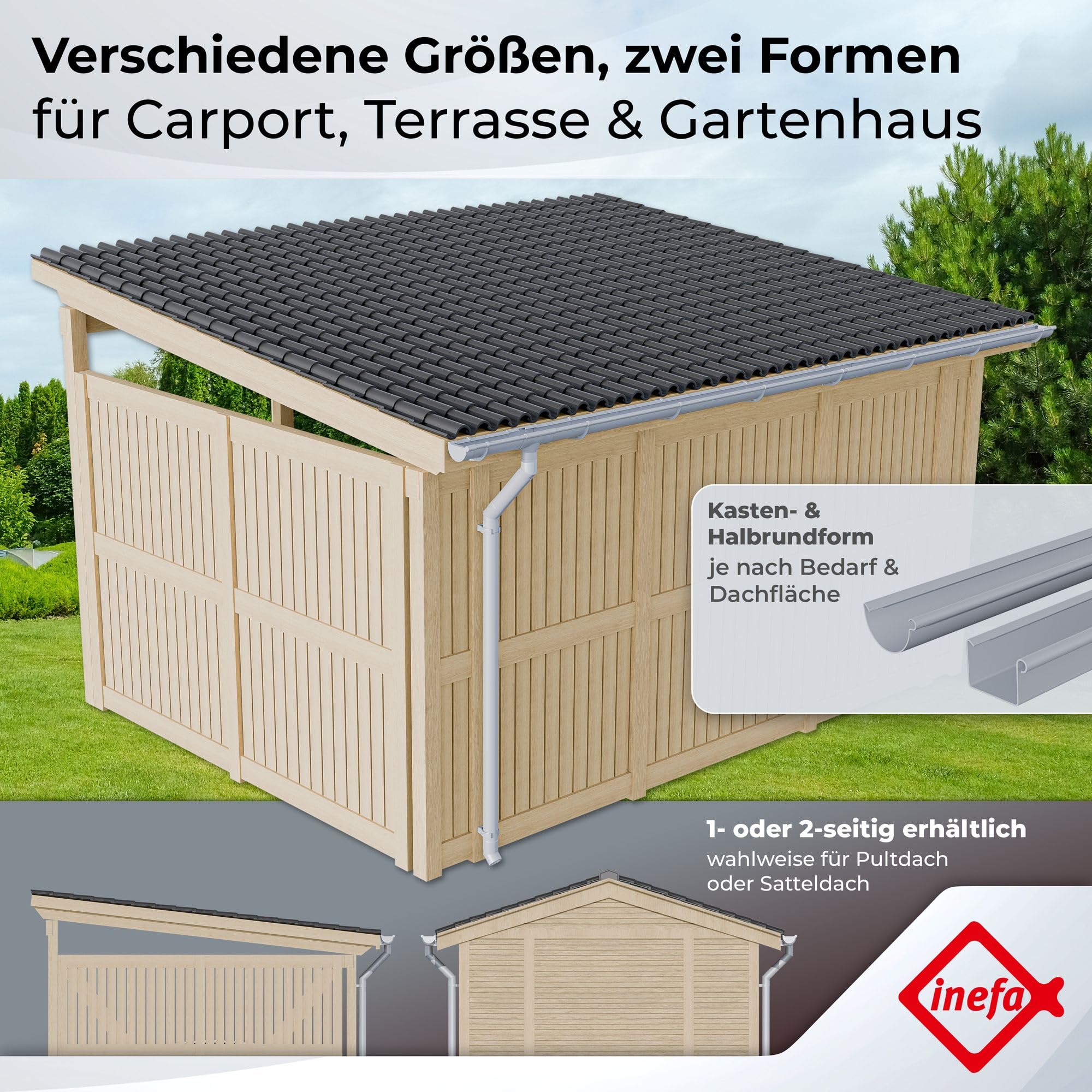 INEFA Dachrinnen Set NW100 / 100mm Kunststoff halbrund – Dachrinne 3m Länge Dunkelbraun 1 Dachseite – Regenrinne PVC für Gartenhaus Carport