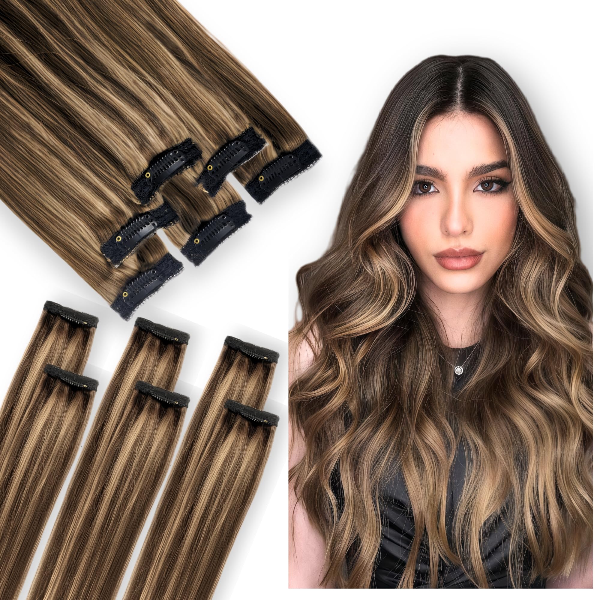 Clip In Hair Extensions Real Human Hair, Single Clip Ins Short Hair Extensions, Remy Balayage Highlight Hairpieces for Women 6 Pcs 10 Inch 31g Medium Brown Mixed Honey Blonde