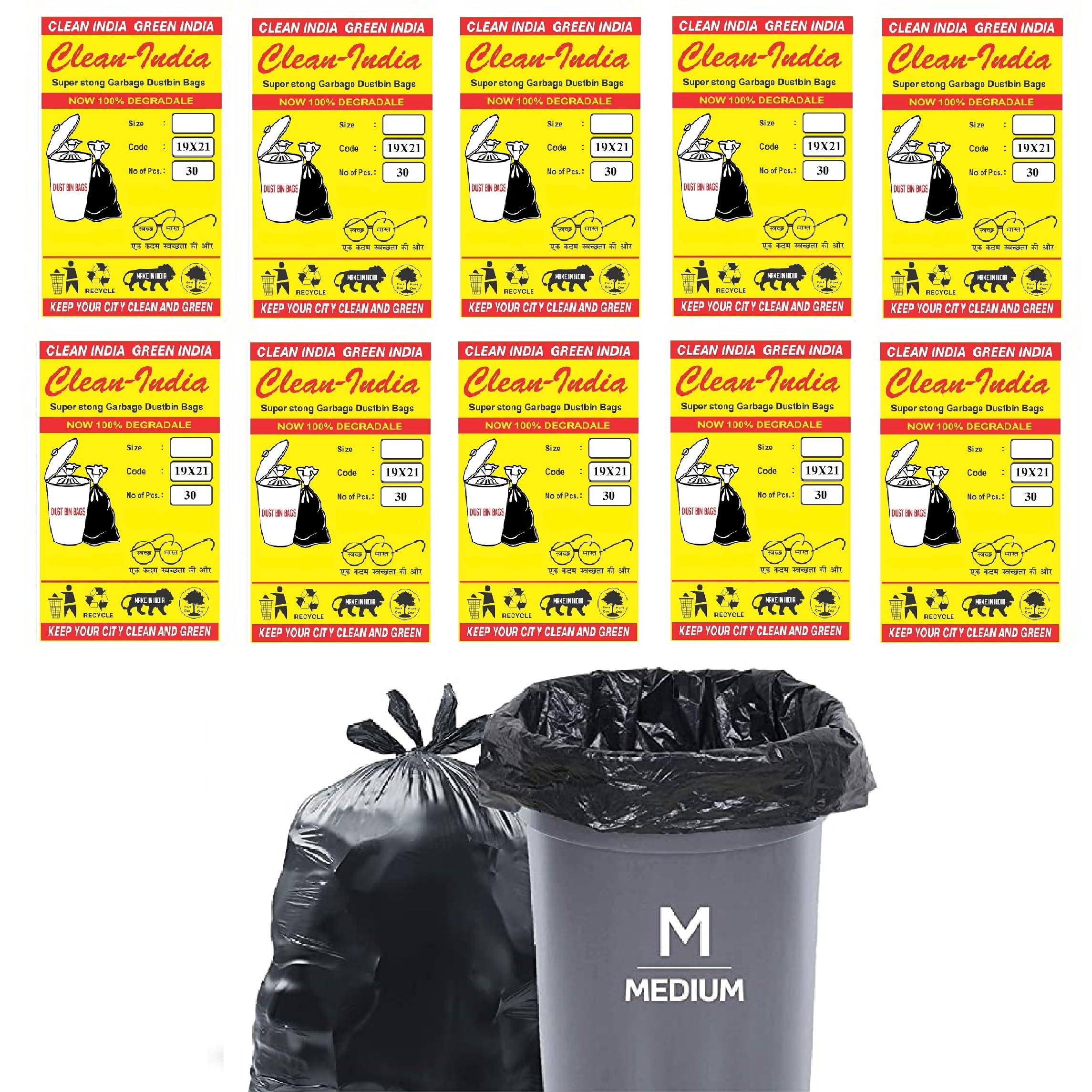 Clean India Garbage Bags/Dustbin Bags, Medium (19x21 inches) 30 bags X 10 Packets (M (300 Bags))-picture-32
