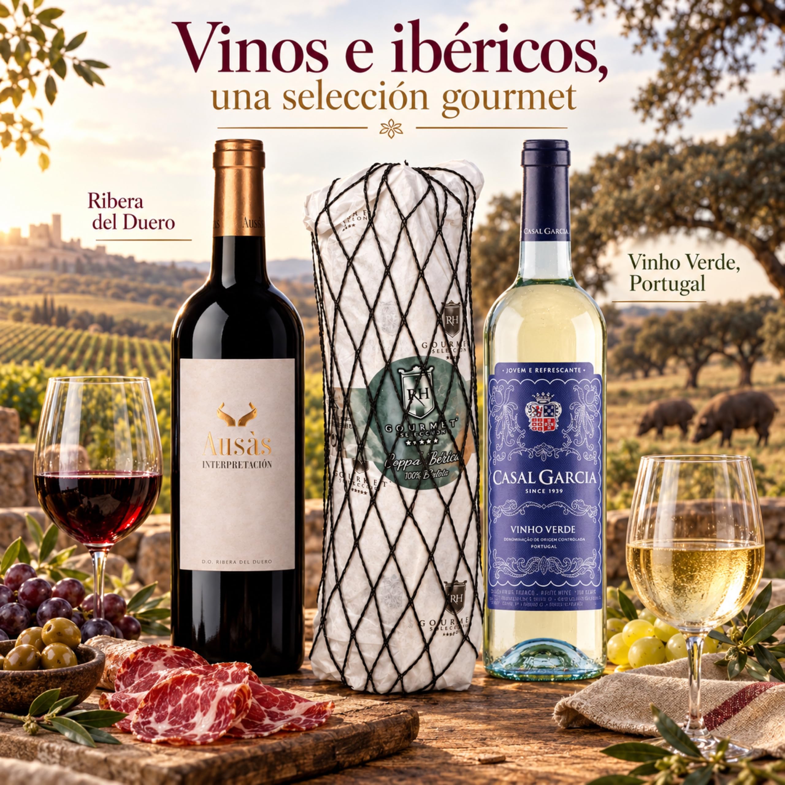 Cesta gourmet Navidad Ausás Interpretación y Casal García Vinho Verde con coppa ibérica de bellota 100% 800 g RH Gourmet, pack de 2 botellas 75 cl