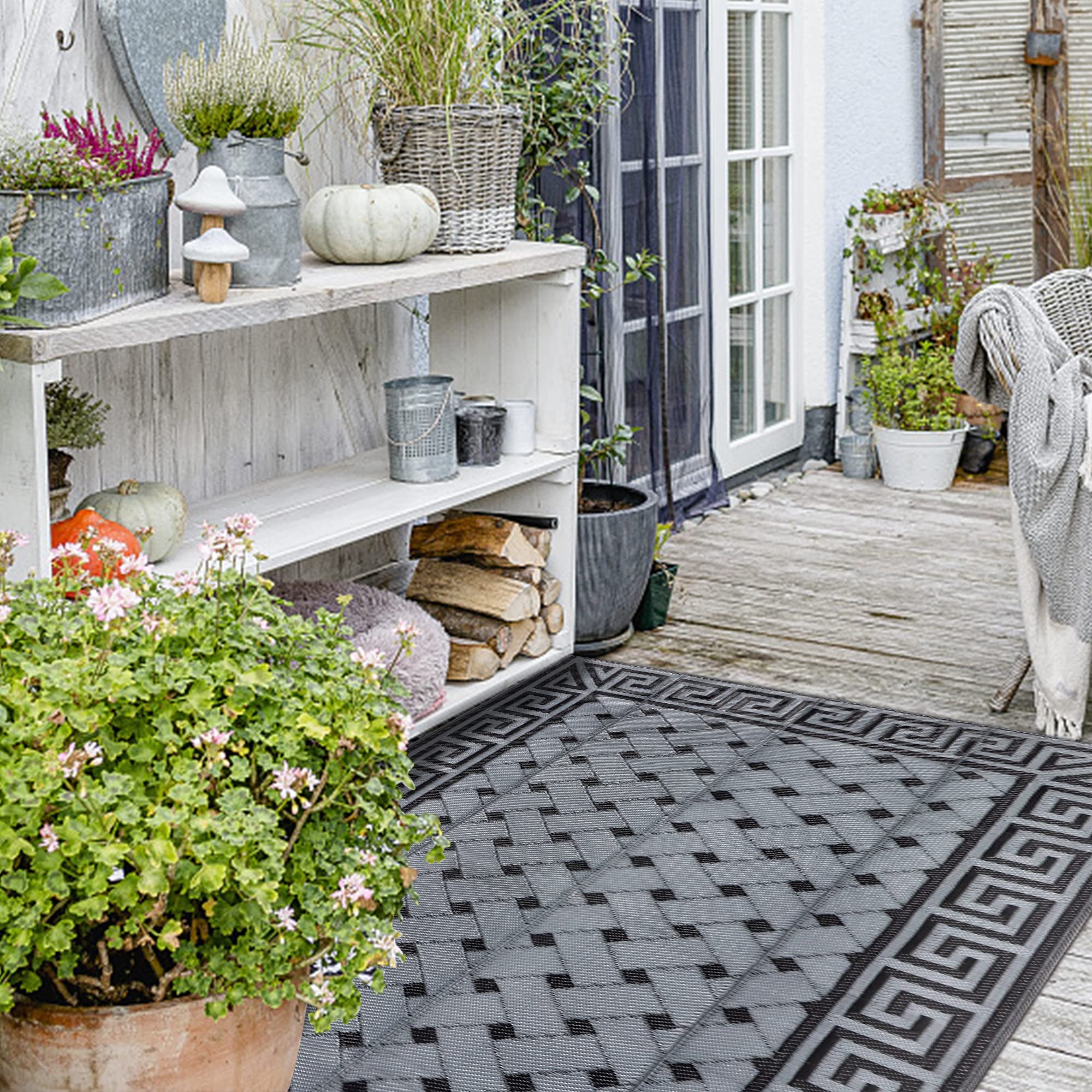 SAND MINE Tapis Réversible, Tapis De Paille En Plastique, Tapis Moderne Pour Extérieur, Camping-car, Terrasse, Jardin, Pique-nique, Plage, Remorque, Camping, Noir Et Marron, 2,7 X 5,7 M