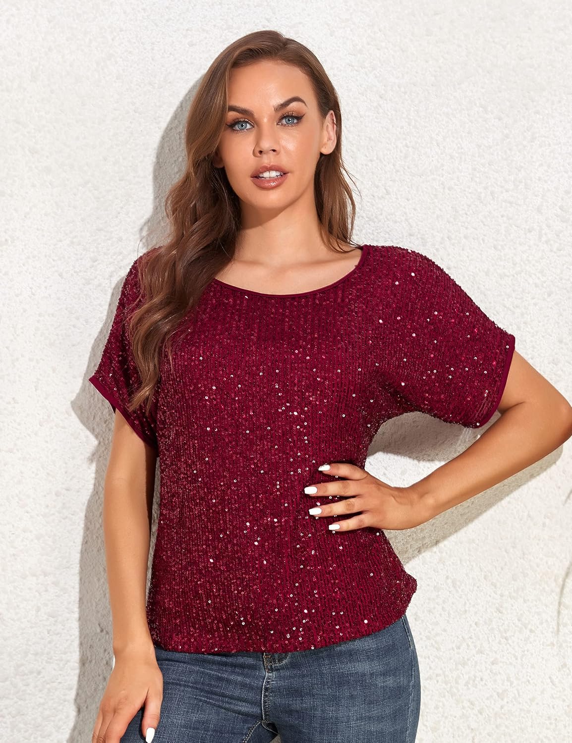 PrettyGuide Women's Sparkly Sequin Tops Short Sleeve Glitter Loose Party Shirt Blouse Boat Neck Dressy Top - Image 6
