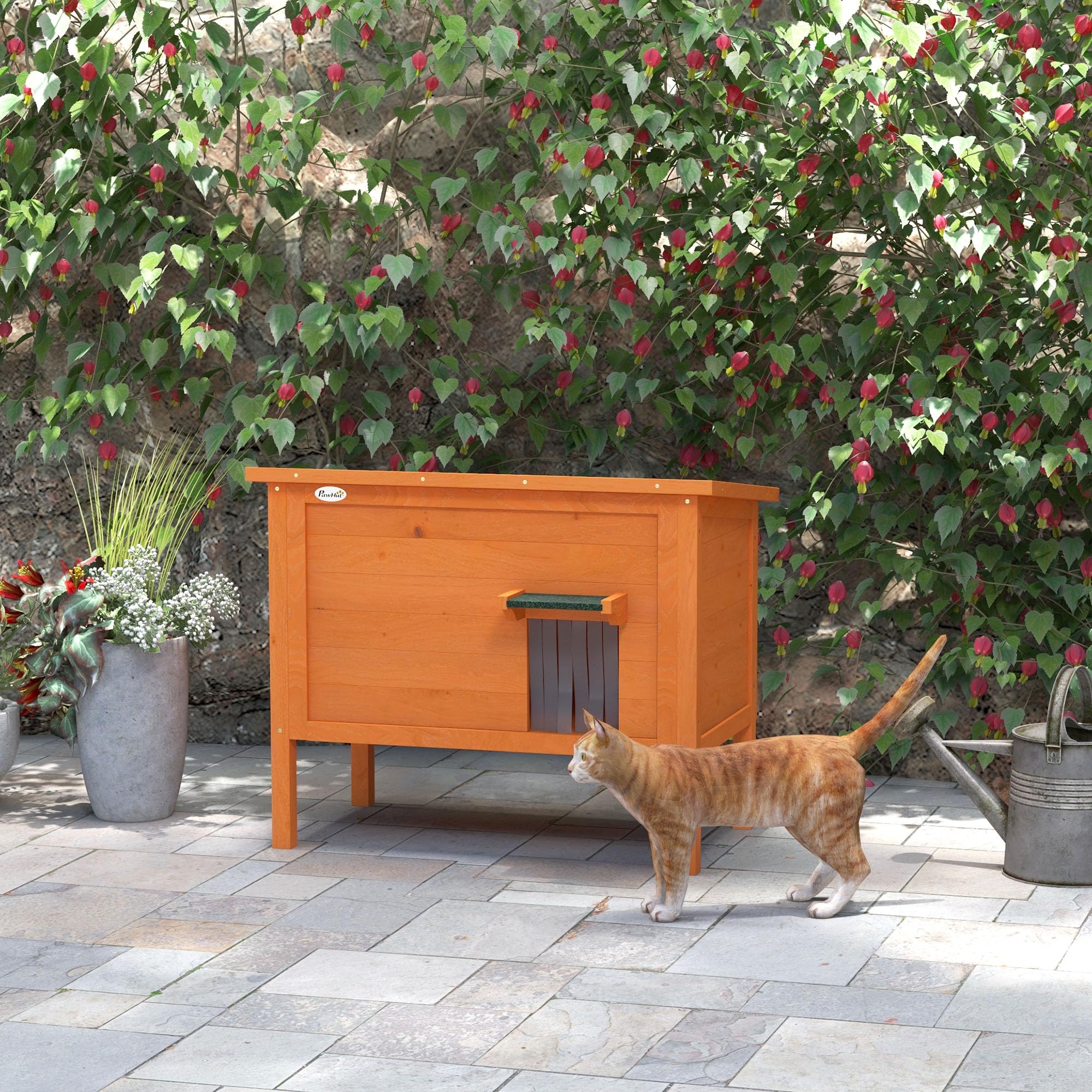 PawHut Casa de Madera para Gatos, Cueva Exterior Aislada Con Cortina en la Puerta, Casita para Animales en Diseño Elevado, para Jardín, Balcón, Naranja, 60 x 60 x 81,5 cm | Caseta para gatos con techo de asfalto, patas de suelo, cueva para gatos, para ext