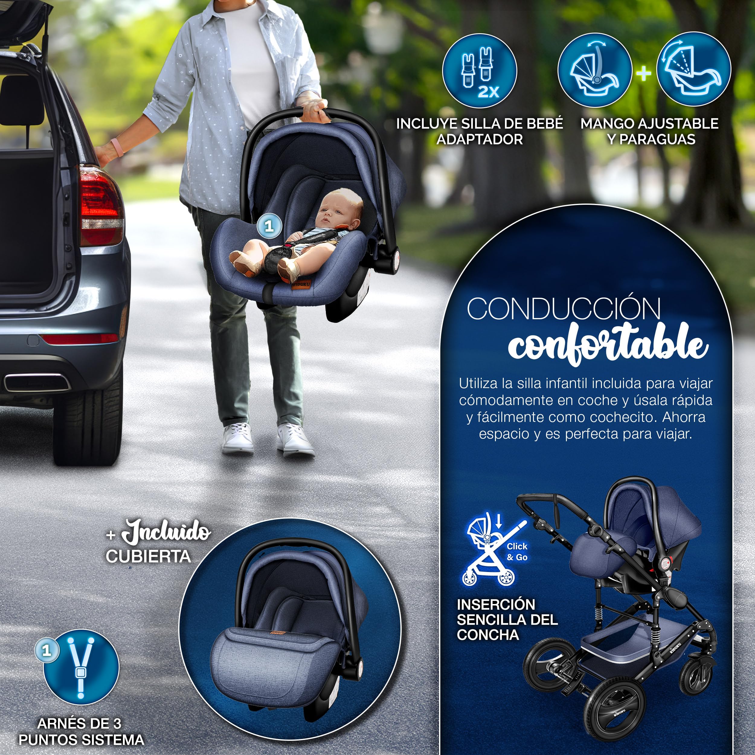 KIDUKU® Carrito de Bebé 3 en 1 | Silla de Paseo para Niños | Carricoche de 3 Piezas | Capazo, Cambiador, Cubrepiés | Sillita Coche Ligera Infantil ECE R129