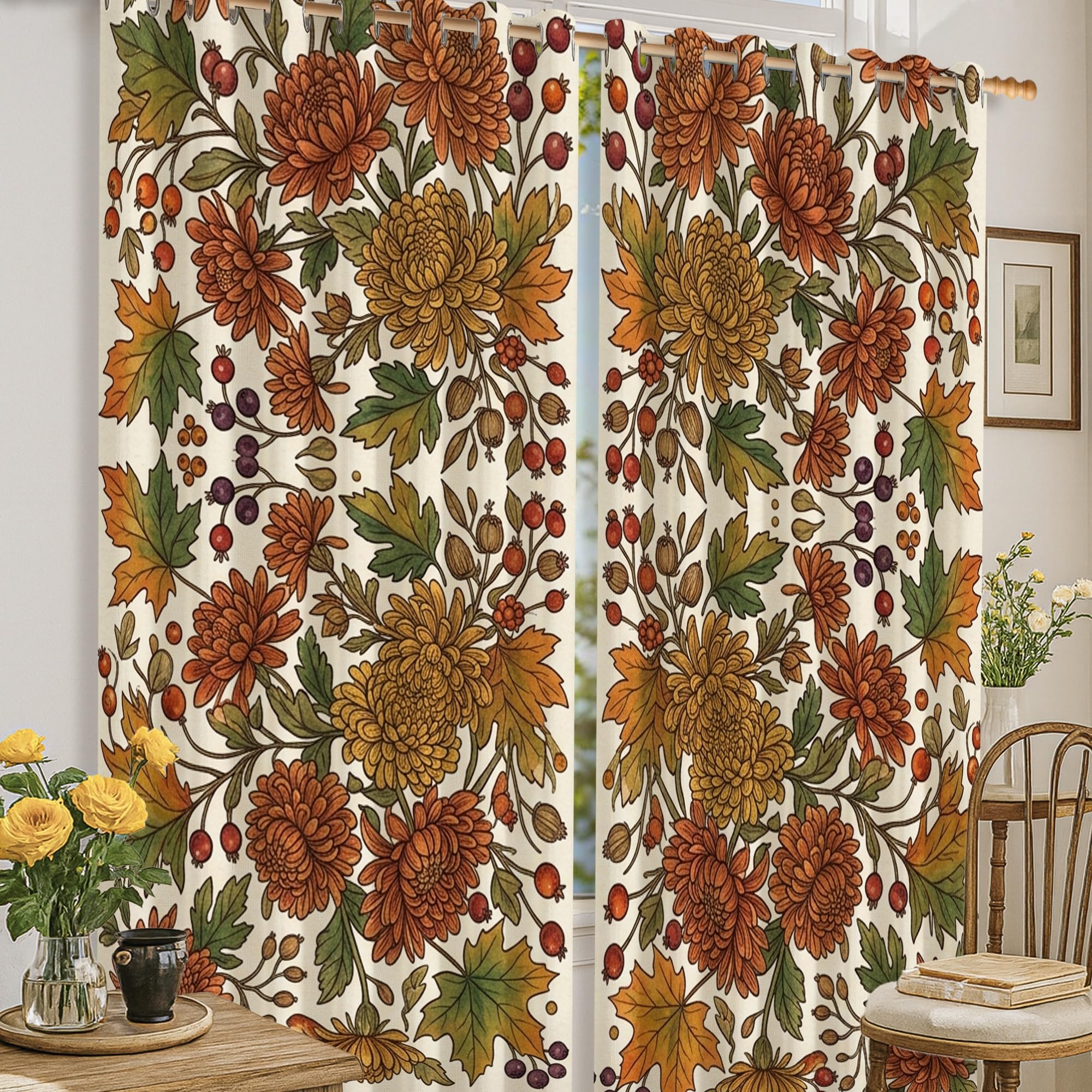 Rideaux occultants infroissables 132x160 orange chrysanthème pour décoration chambre