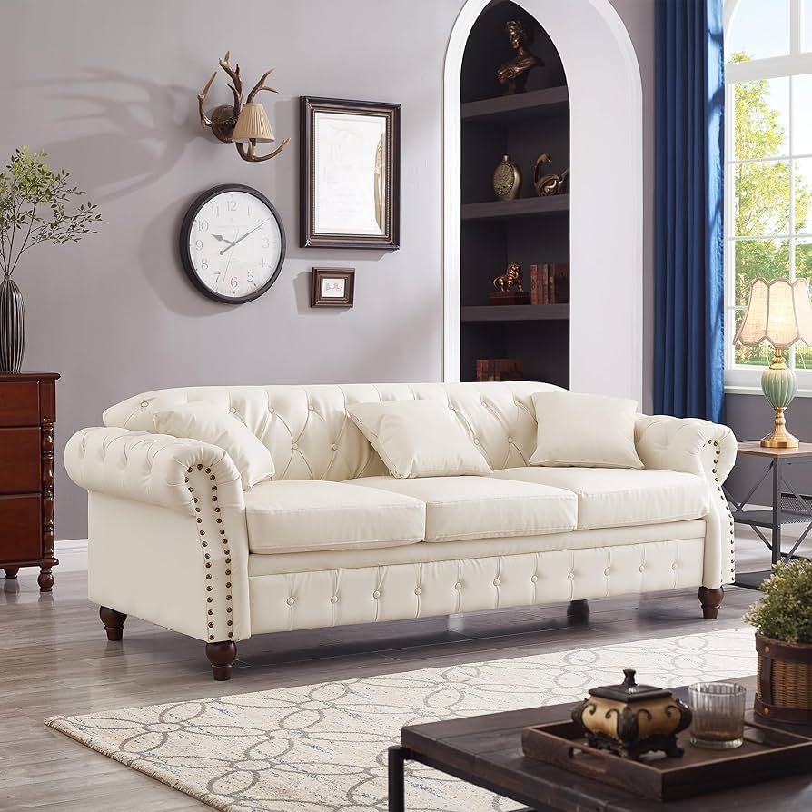 ソファ　高級　white label Amazon.com: VeroFree 85.8 Inches White Sofa – 3-seat Leather