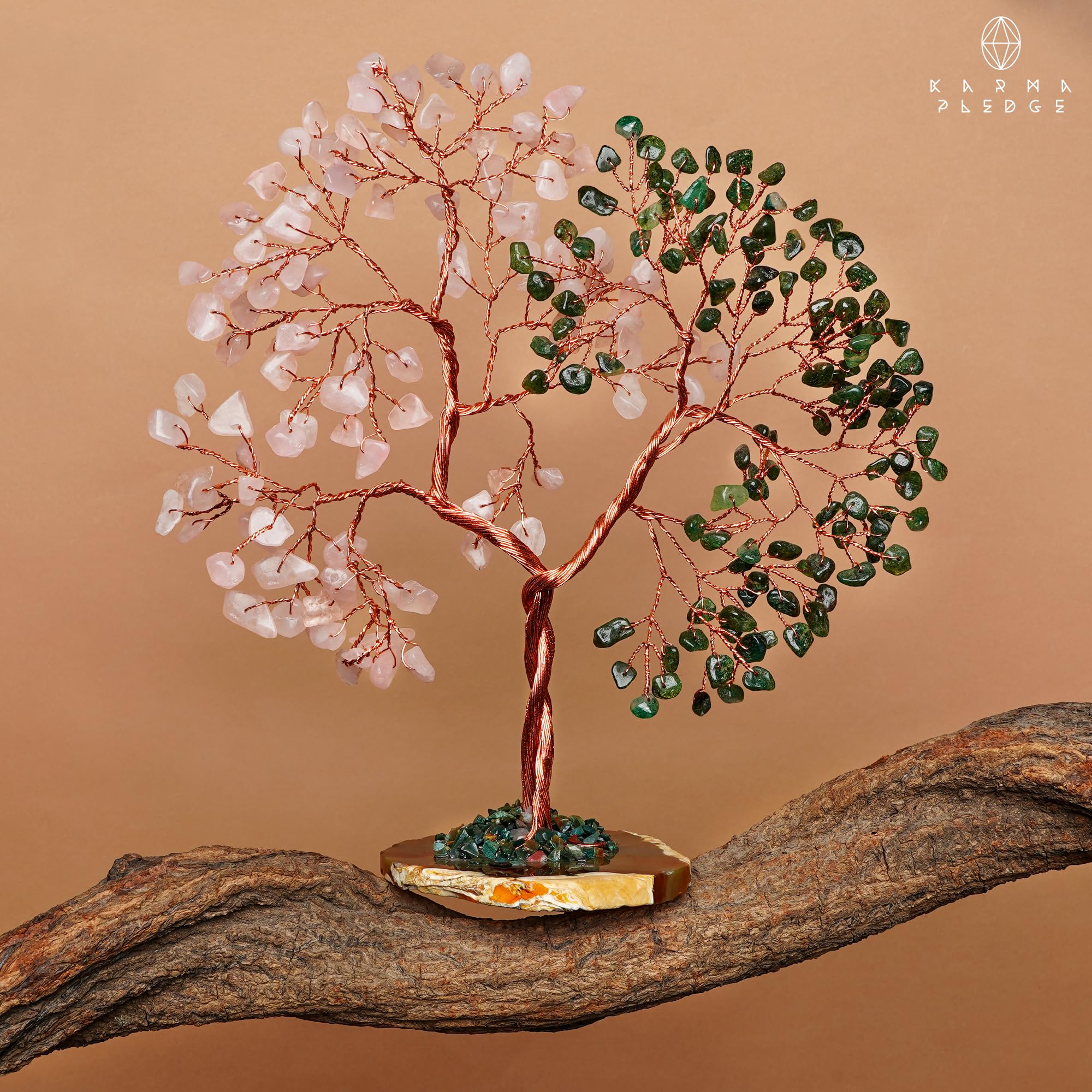 Handmade Healing Crystal Tree of Life Green Aventurine & Rose Quartz Chakra Tree for Money, Good Luck, Feng Shui Home Decor, Living Room Office Deocration, Unique Birthday Gifts for Women, Men, Mom