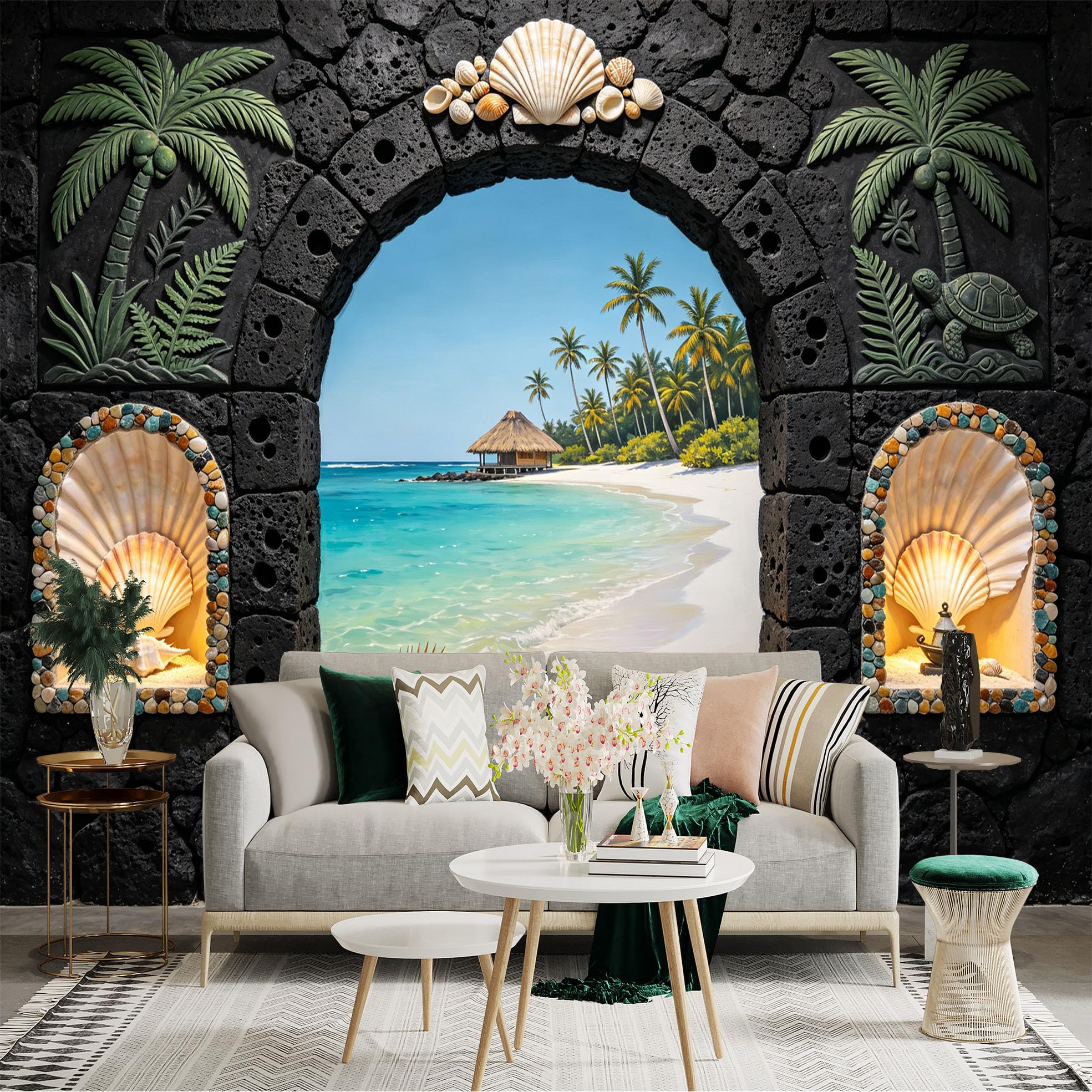Custom Size Wall Sticker Mural， Tropical Beach with Palm Trees， Stone Archway and Ocean View， for wall Decoration， peelandstick wall Decals.