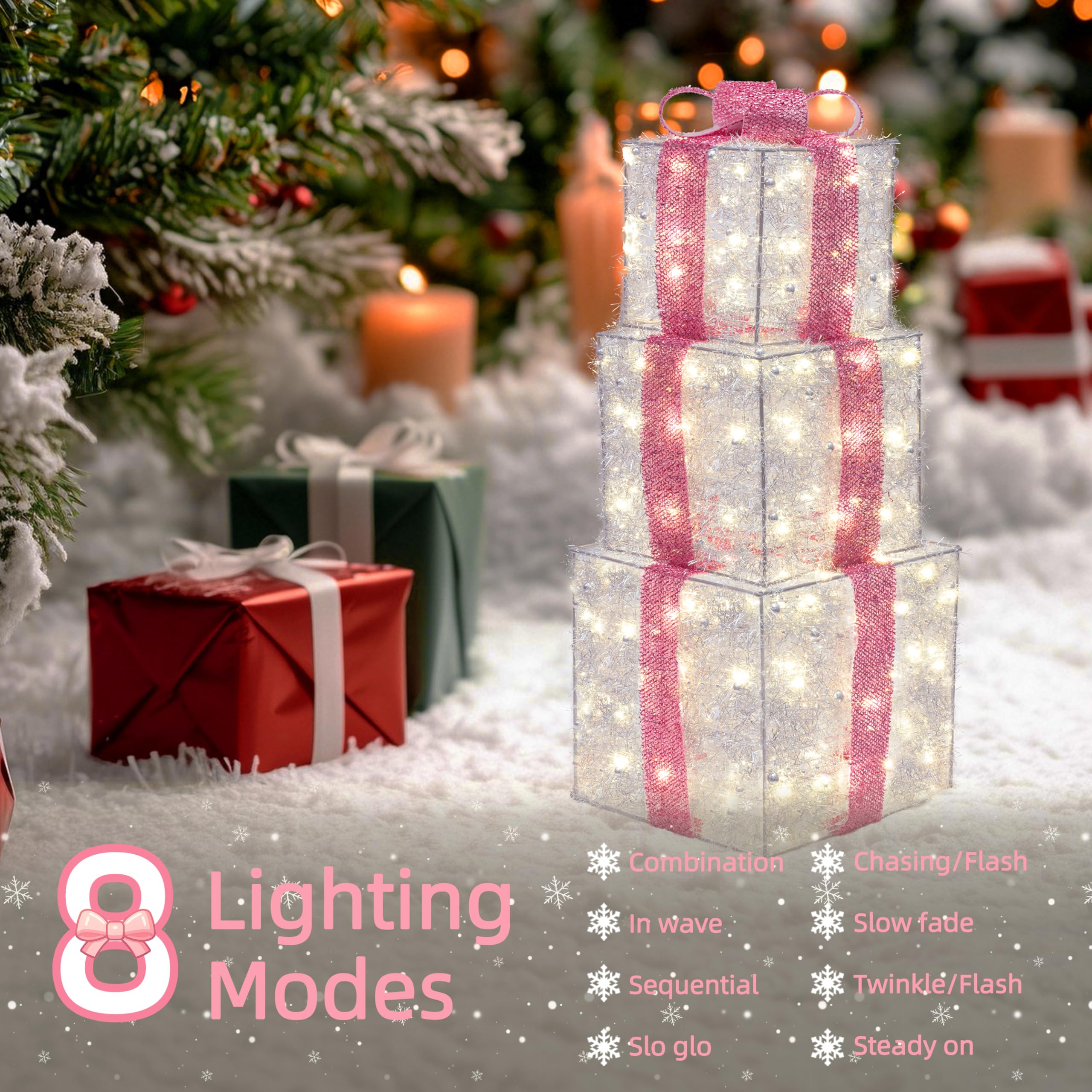 Christmas Decorations, 140 LEDs Set of 3 Lighted Gift Boxes with Silver Tinsel and  Bows, Warm White Present Boxes for Indoor Outdoor Holiday Party Yard Bedroom Home Xmas Decor