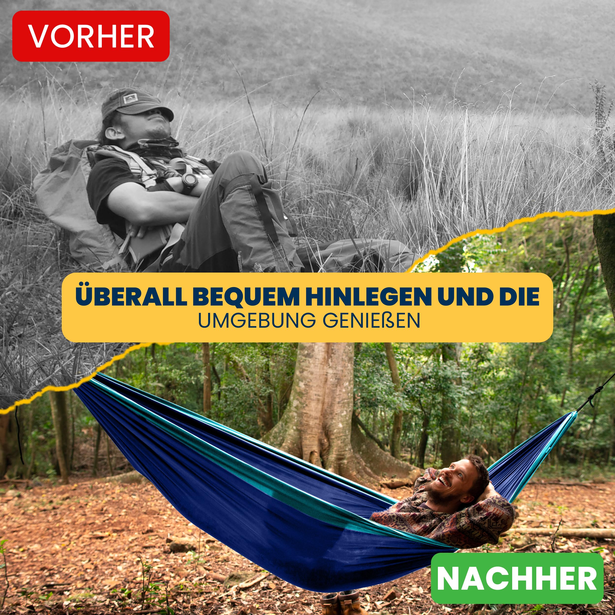 Fallschirmhängematte Original - Das Original seit 1996 | KÖNIGSBLAU/TÜRKIS | Multitalent und Leichtgewicht | 320 x 200 cm, nur 600 g | Schneller Aufbau < 1min | Camping, Hängematte
