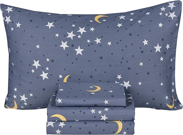 Scientific Sleep Moon & Star Night Sky Teen Boys Girls 100% Cotton 4 Pcs Queen Bed Sheet Set, Flat Sheet & Fitted Sheet & Pillowcase Bedding Set (Stars, Queen)