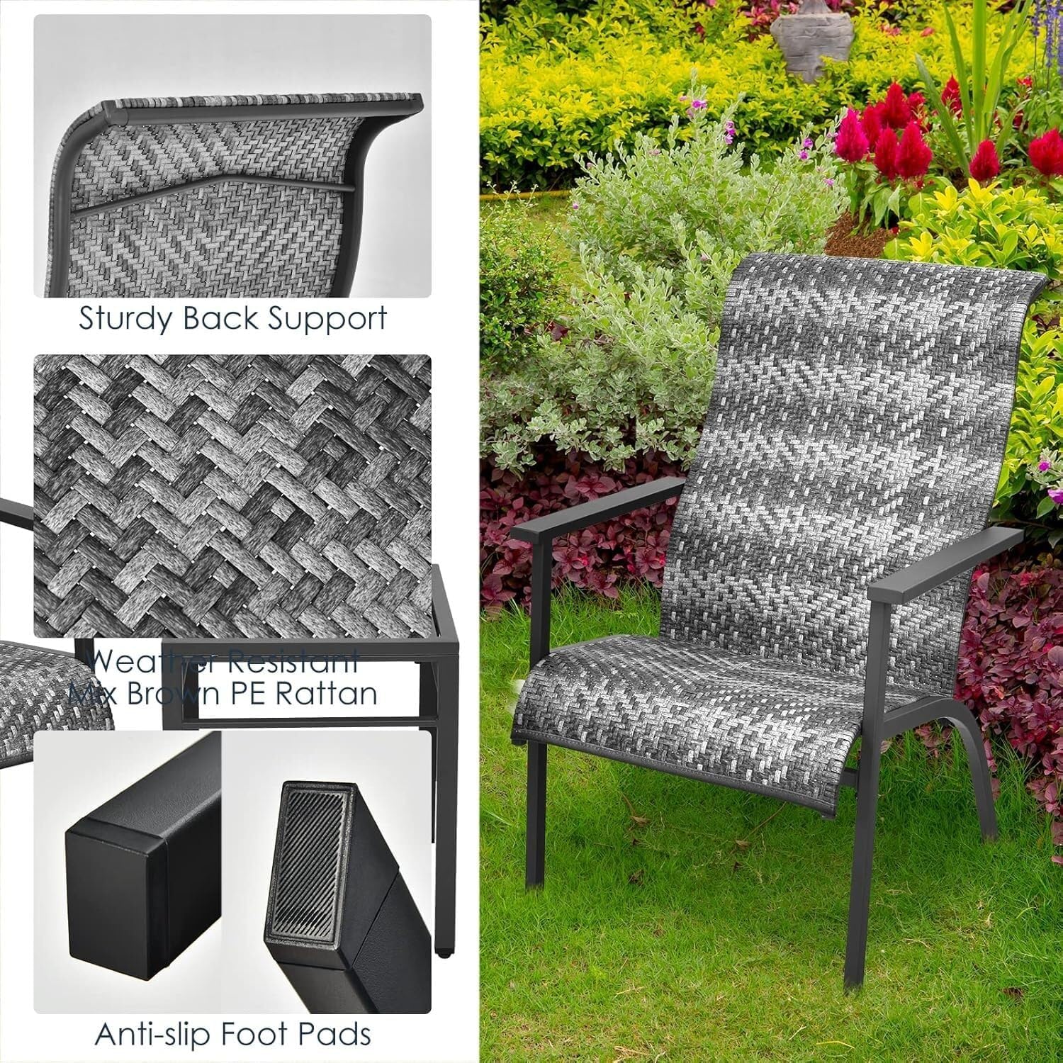 3-Piece High Back Patio Set, Wicker Bistro Chairs with Metal Side Table, 330lbs Capacity Outdoor Furniture for Porch(Gray)